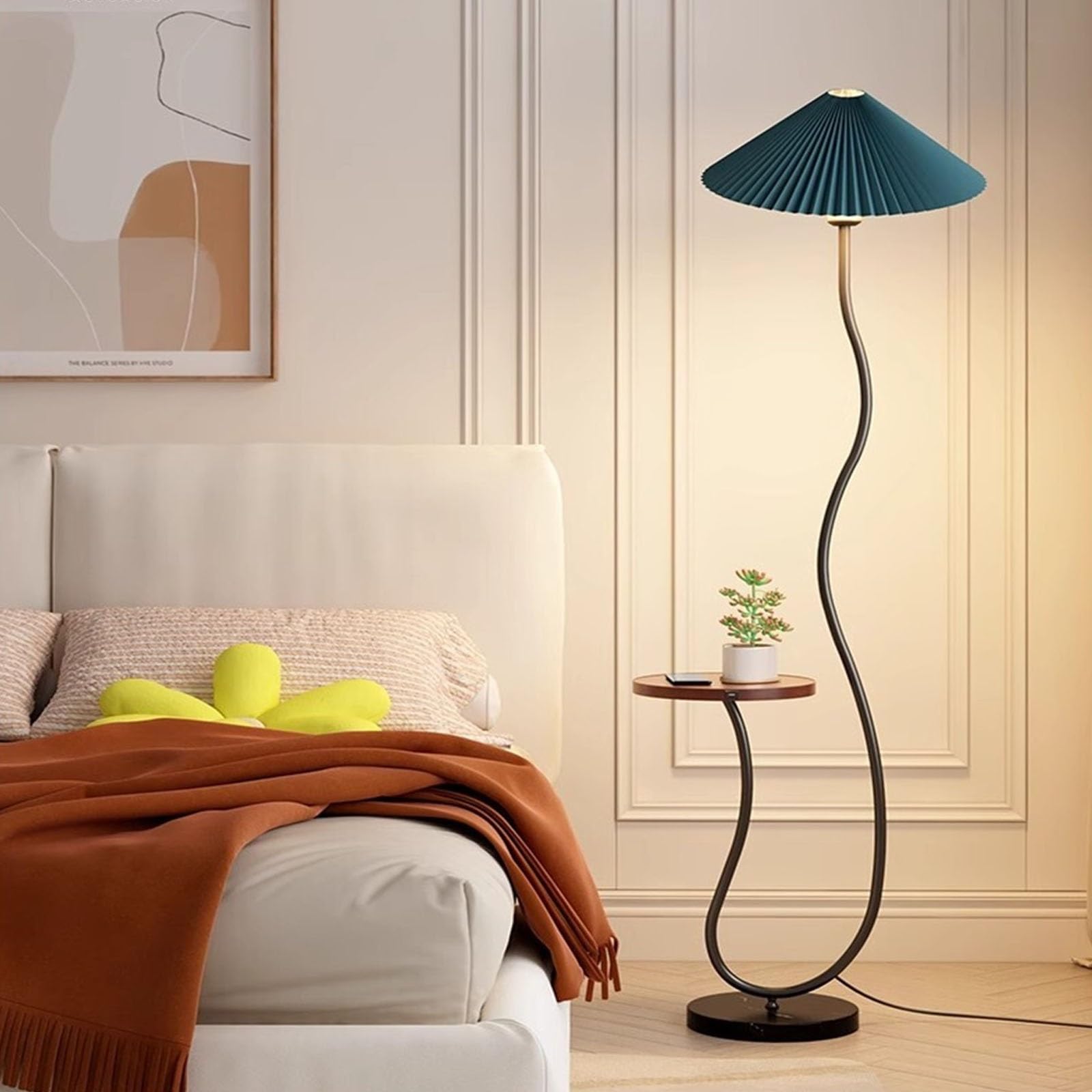 desk lamp Lampa podłogowa Nowoczesna lampa podłogowa ze złotym łukiem z połowy stulecia z półką, lampa stojąca podłogowa z abażurem z plisowanej tkaniny i marmurową podstawą do salonu Lampa stojąca w