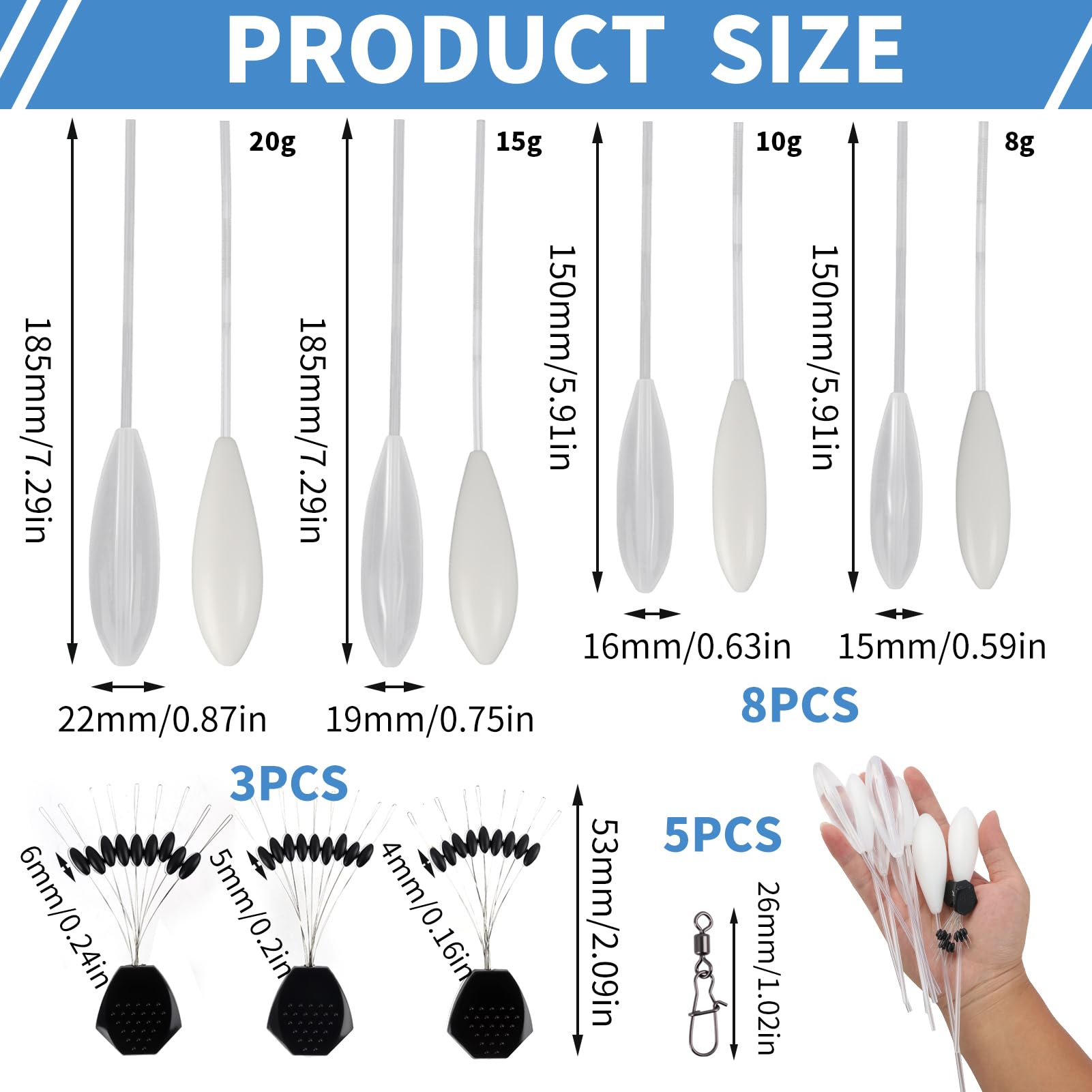 Kit Sbirolino Pêche Truite – 8 Flotteurs (flottants + Coulants) 8-20g, émerillons Triple, Stop Flotteur M/L/XL