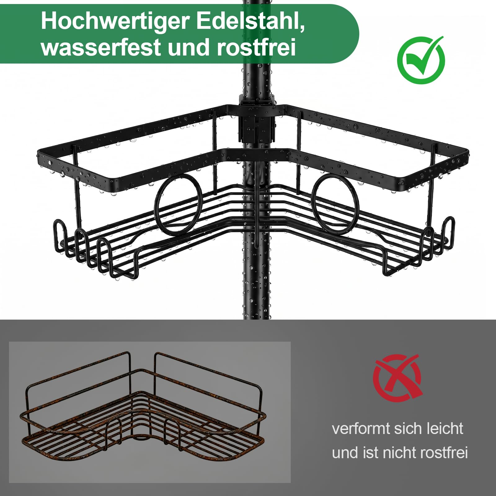 Duschregal ohne Bohren, 105-304cm, Edelstahl rostfrei, für Badezimmer