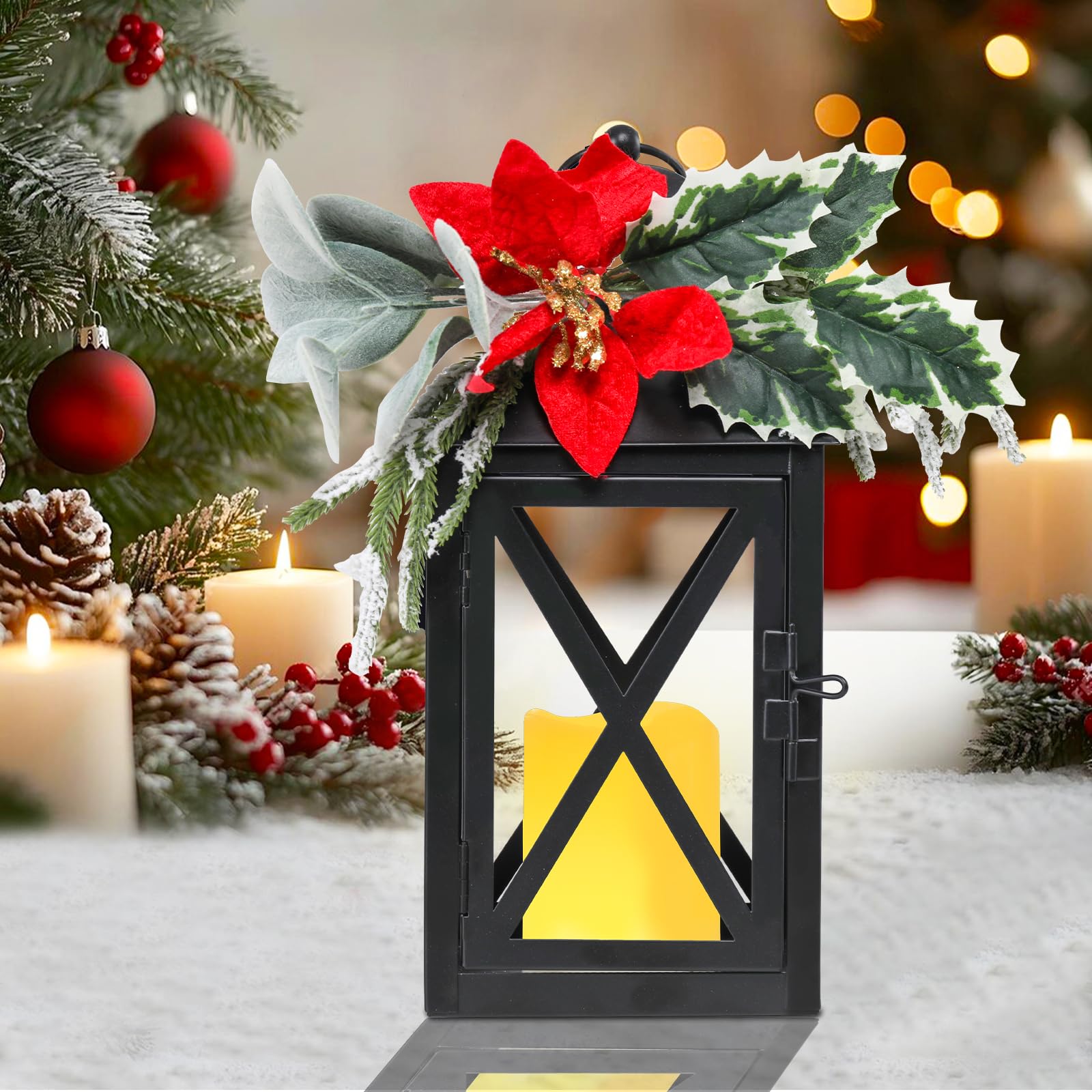 Faroles de Navidad decorativos para interiores, paquete de 2 faroles de Navidad para exteriores, faroles decorativos de vela de 12 pulgadas, luz sin llama con flores y vegetación para centros de mesa