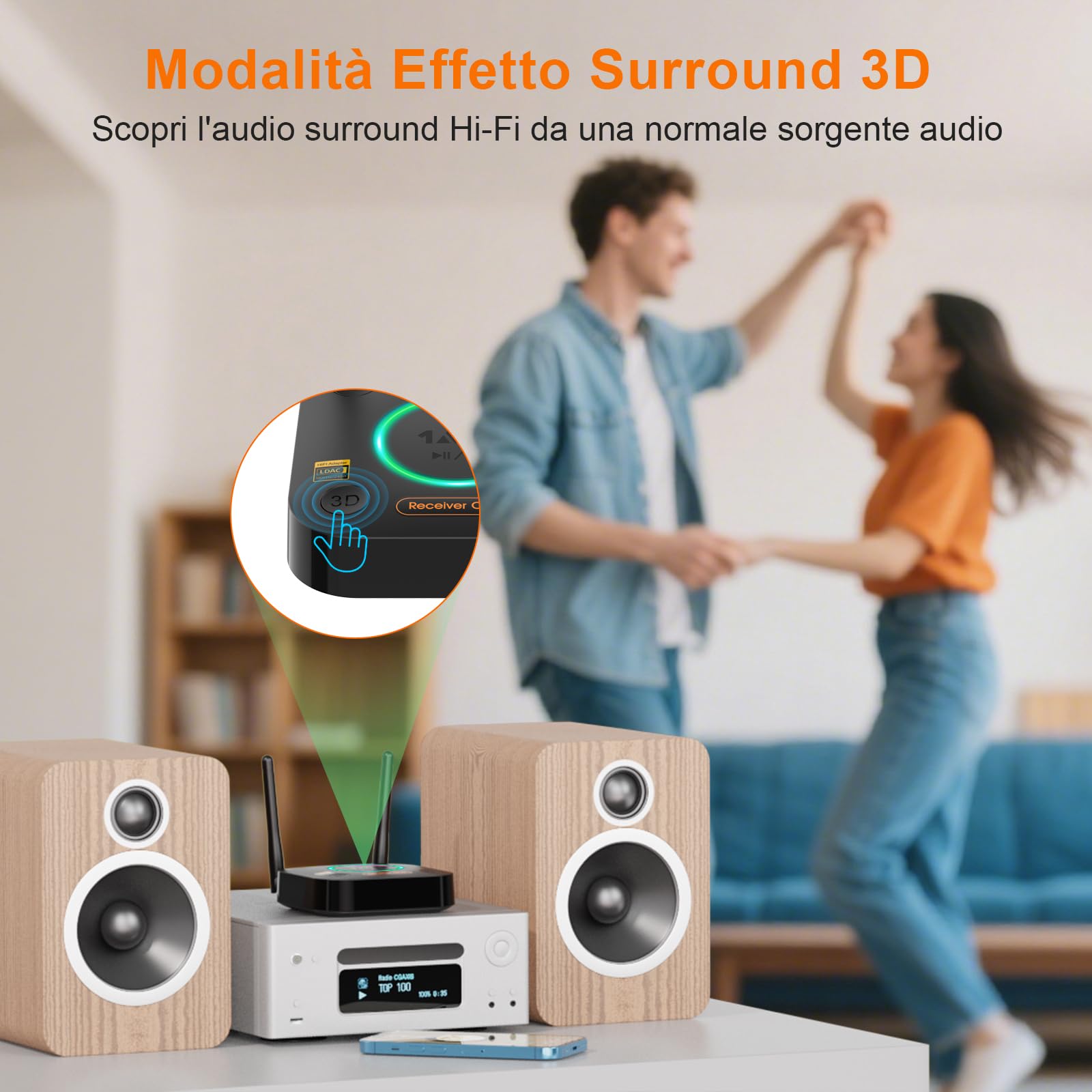 1Mii B06Ultra Ricevitore Bluetooth 5.3 HiFi con Hi-Res LDAC, Adattatore Audio Bluetooth Wireless con DAC Audiofilo, 3D Surround aptX HD/Bassa Latenza, Uscita Ottica/Coassiale/AUX 3.5mm per Stereo