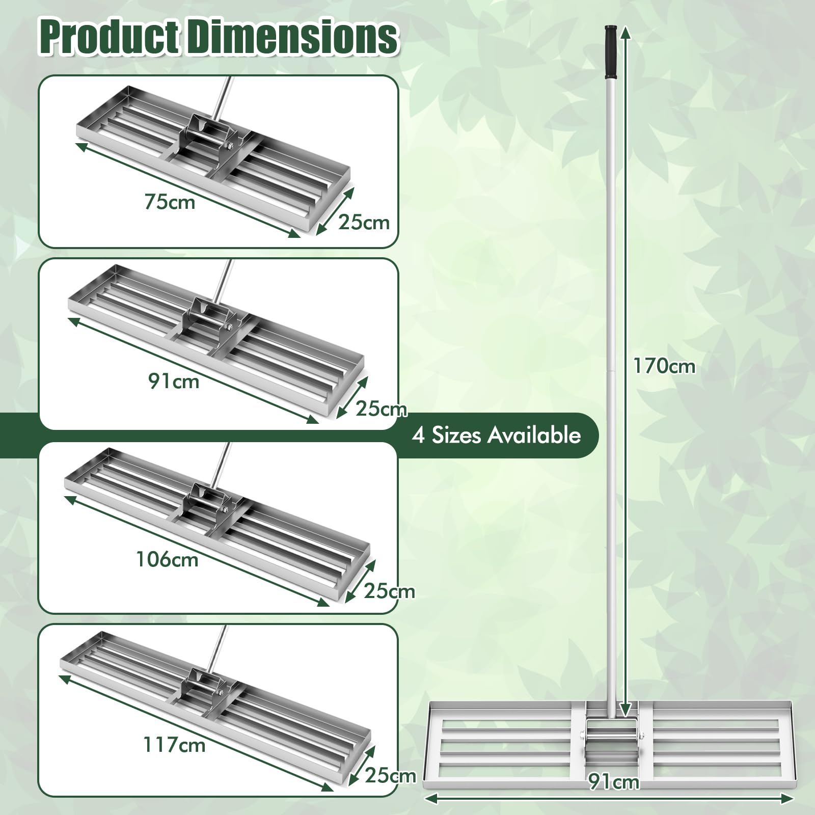 FANTASK Rasen-Nivellierrechen, Rasenrechen Flächenebner Rasenwerkzeug mit ergonomischem Griff, Rasenrakel Metall von Sand Boden, Rechen für Garten, Golf & Hinterhof (Silber, 91 cm x 25 cm)