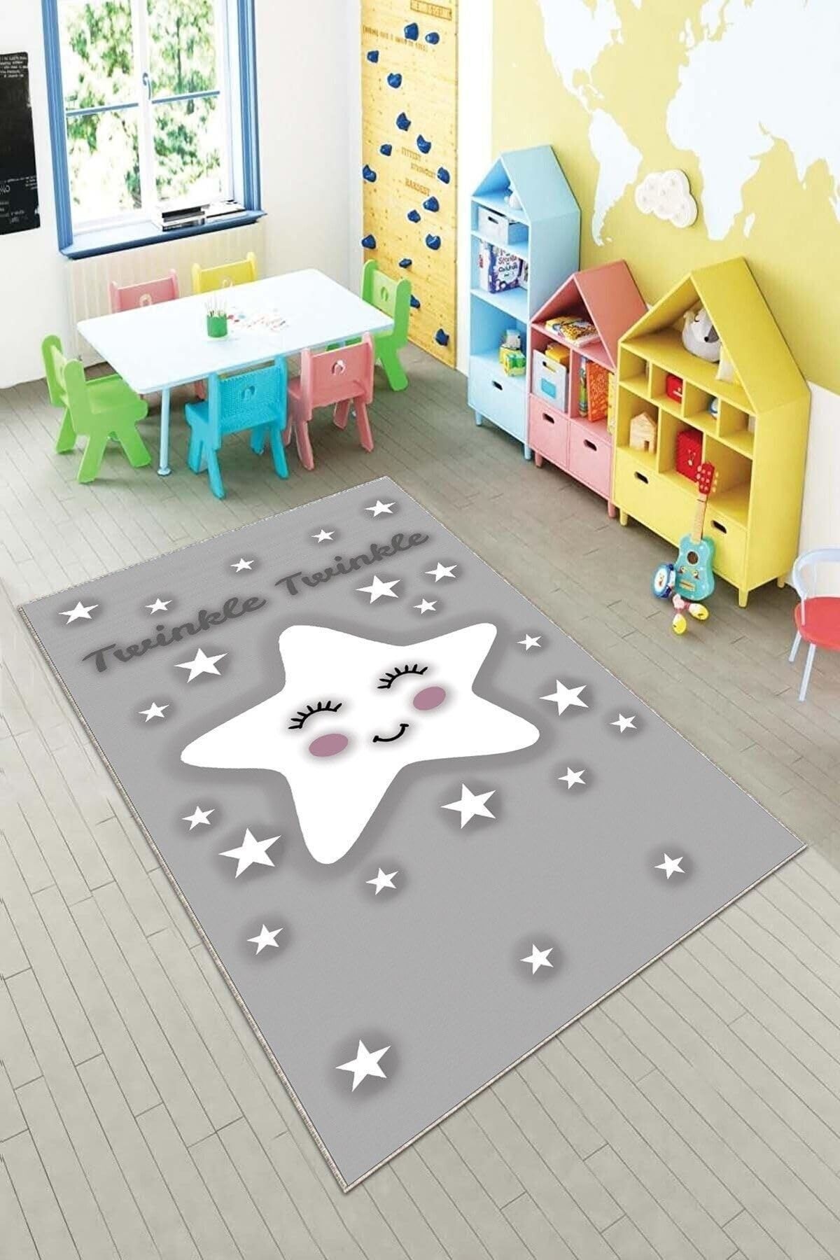 Pelangi Gri Parlak Yıldız Desenli Yıkanabilir Kaymaz Taban Leke Tutmazbebek Ve Çocuk Odası Halısı, Gri-Beyaz 100 x 150, 901357149100150