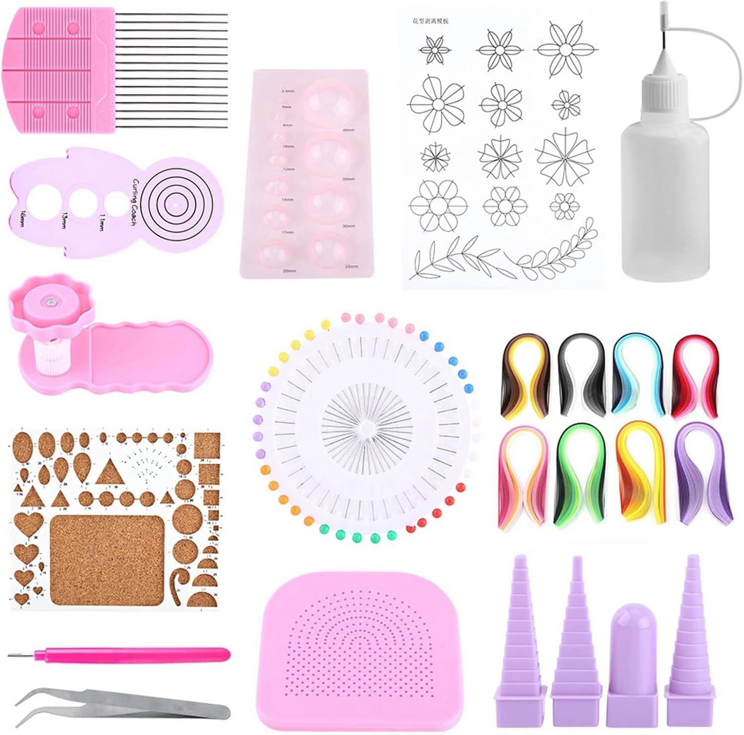 Quilling Paper Craft Kit with Slotted Tools, Stainless Steel Tweezer, Colorful Strips, Quilling Board, Curling Training, for Creative Decorations