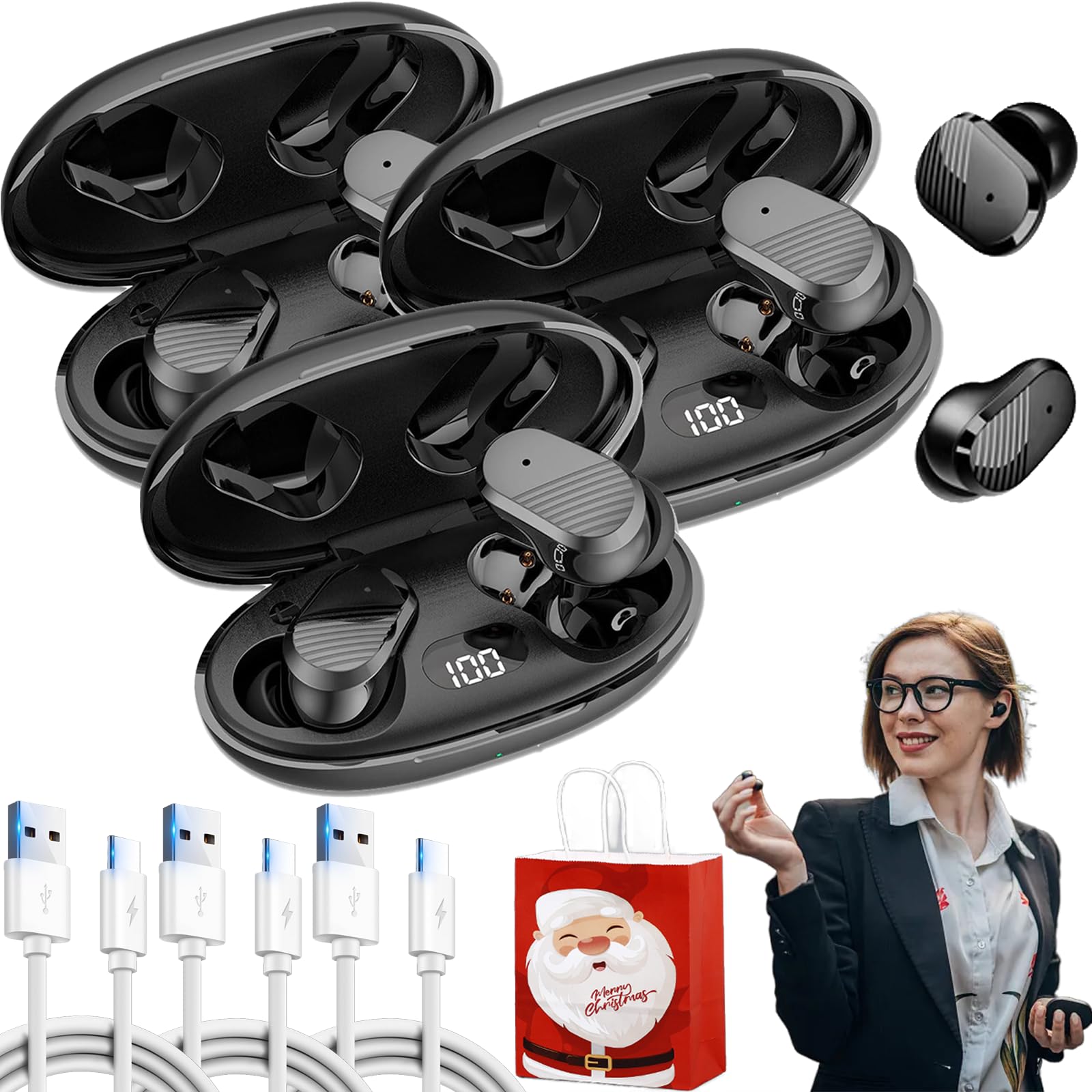 Echolabs Słuchawki douszne 2024, edycja 2024, IPX7, sportowy, wodoodporny, z wyświetlaczem LED, bezprzewodowe słuchawki douszne Bluetooth z redukcją szumów, do treningu, biegania, 3 szt
