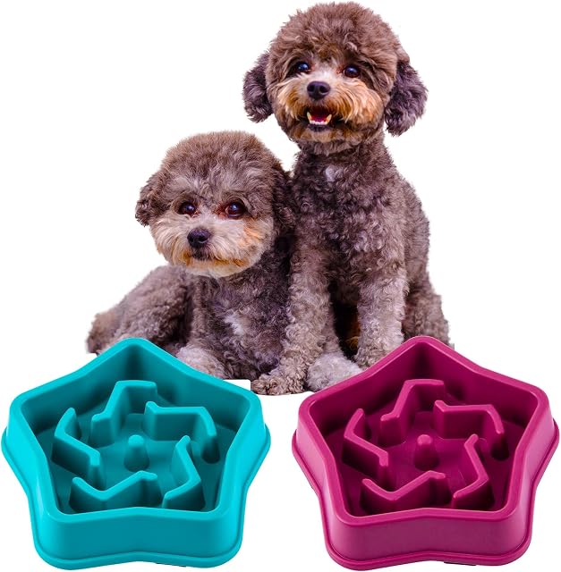 Vealind Double Slow Feeder Dog Bowls Non Skid Pet Slow Eating Bowl Healthy Eating for Small & Medium Size Cats and Dogs (Green+Maroon)