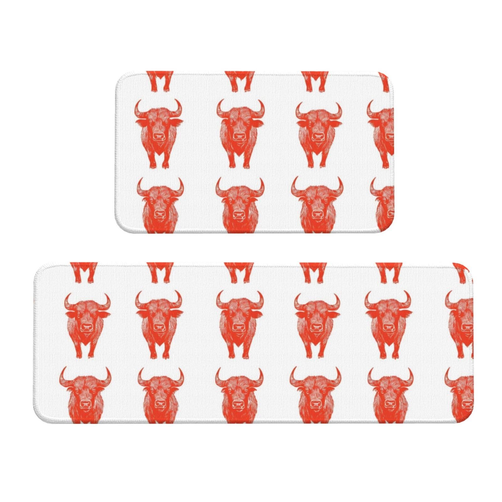 GVYGVY Antifatigue Kitchen Mats for Floor 2 Piece - Cute Bull Print Kitchen Rugs Washable, Non Slip Runner Rug Standing Mat for Office/Bathroom/Laundry/Home Decor and Accessories