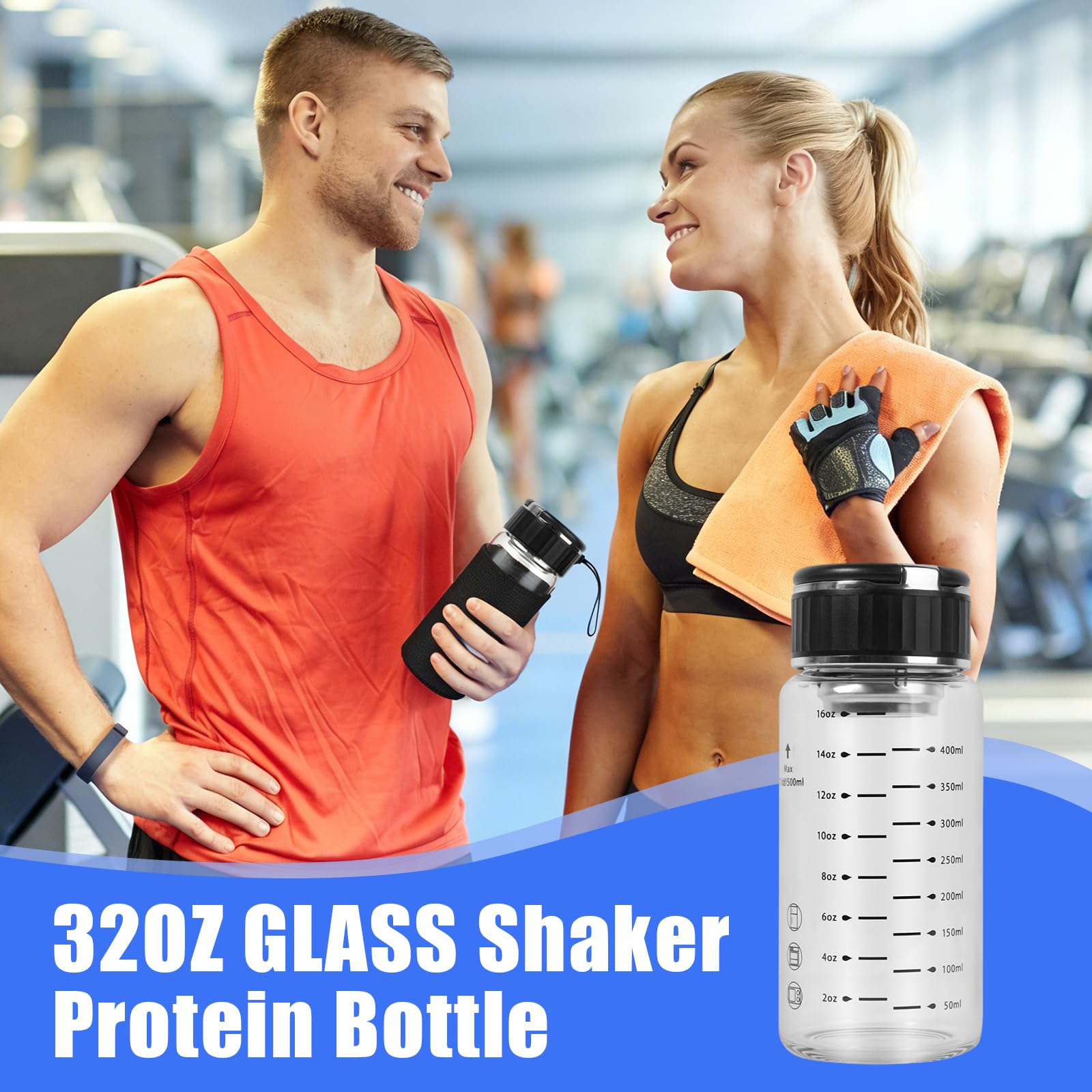 Protein Shaker Verre 500ml Avec Couvercle Et Poignée, Large Ouverture Nutrition Sportive Shaker Doté De Graduation, Pour Mélange Protéiné, Smoothies, Thé Glacé, L
