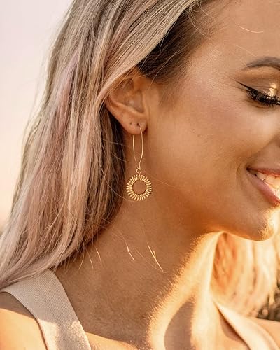 Miniatura 6 de Aretes colgantes largos de oro con forma de bola de simicírculo para mujer, ligeros, circular, moneda, geométricos, planos, cepillados, chapados en