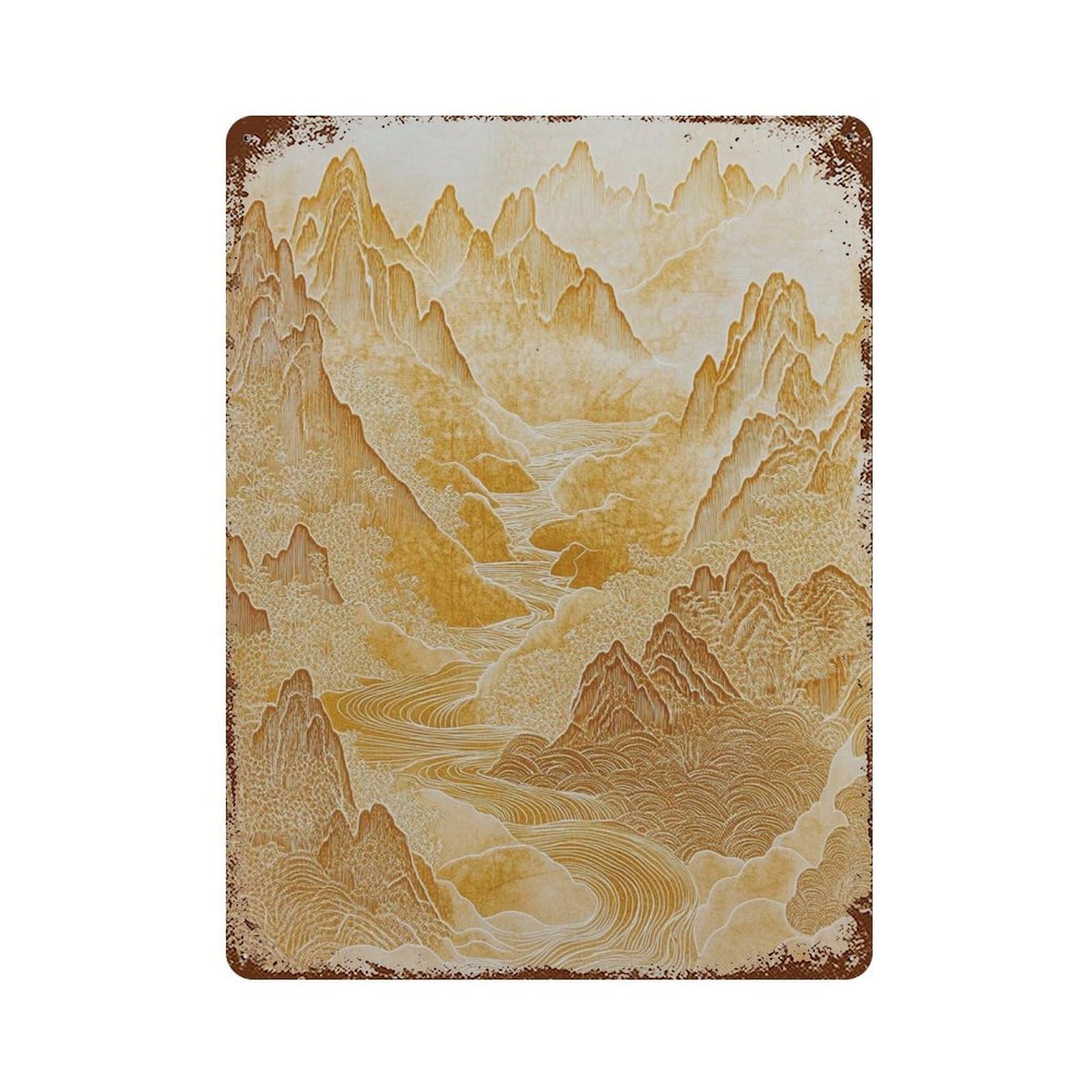 xiaoxiaoshen Golden Japanese Mountain Zen Landscape Minimal Oriental Modern Wall Decor Art Metal Tin Poster Modern Home Decor Art Home Bar Shop Decorations Vintage Sign 40x30cm