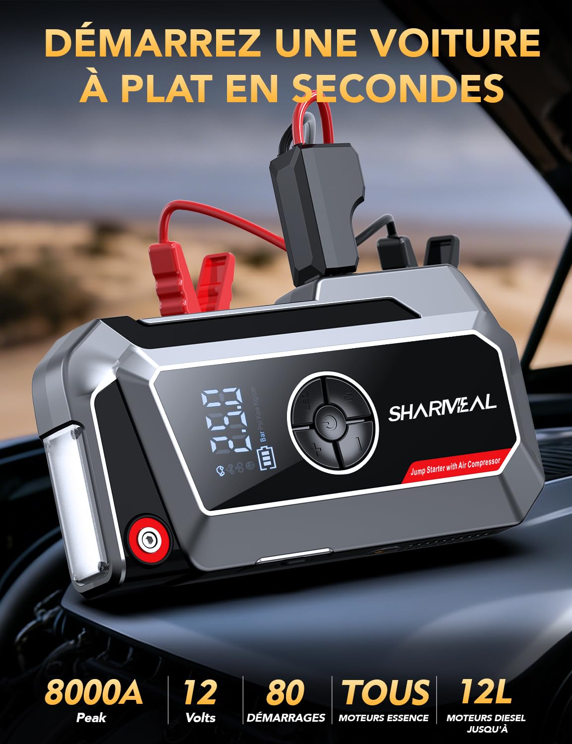 SHARMEAL Avviatore Batteria Auto con Compressore 250PSI, 10000A Booster Avviamento Auto (Tutti Gas/10.0L Diesel), Avviatore Emergenza Starter Batteria con Torcia a LED