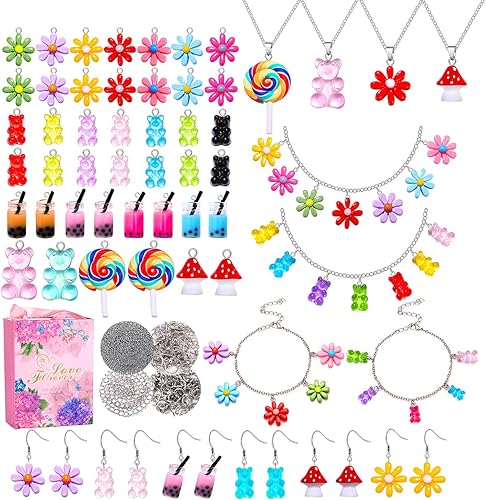 Miniatura 1 de HSWE Kit de 263 piezas para hacer pulseras, coloridos caramelos de oso de caramelo, té de leche, piruleta, flores, dijes de colgantes de flores,