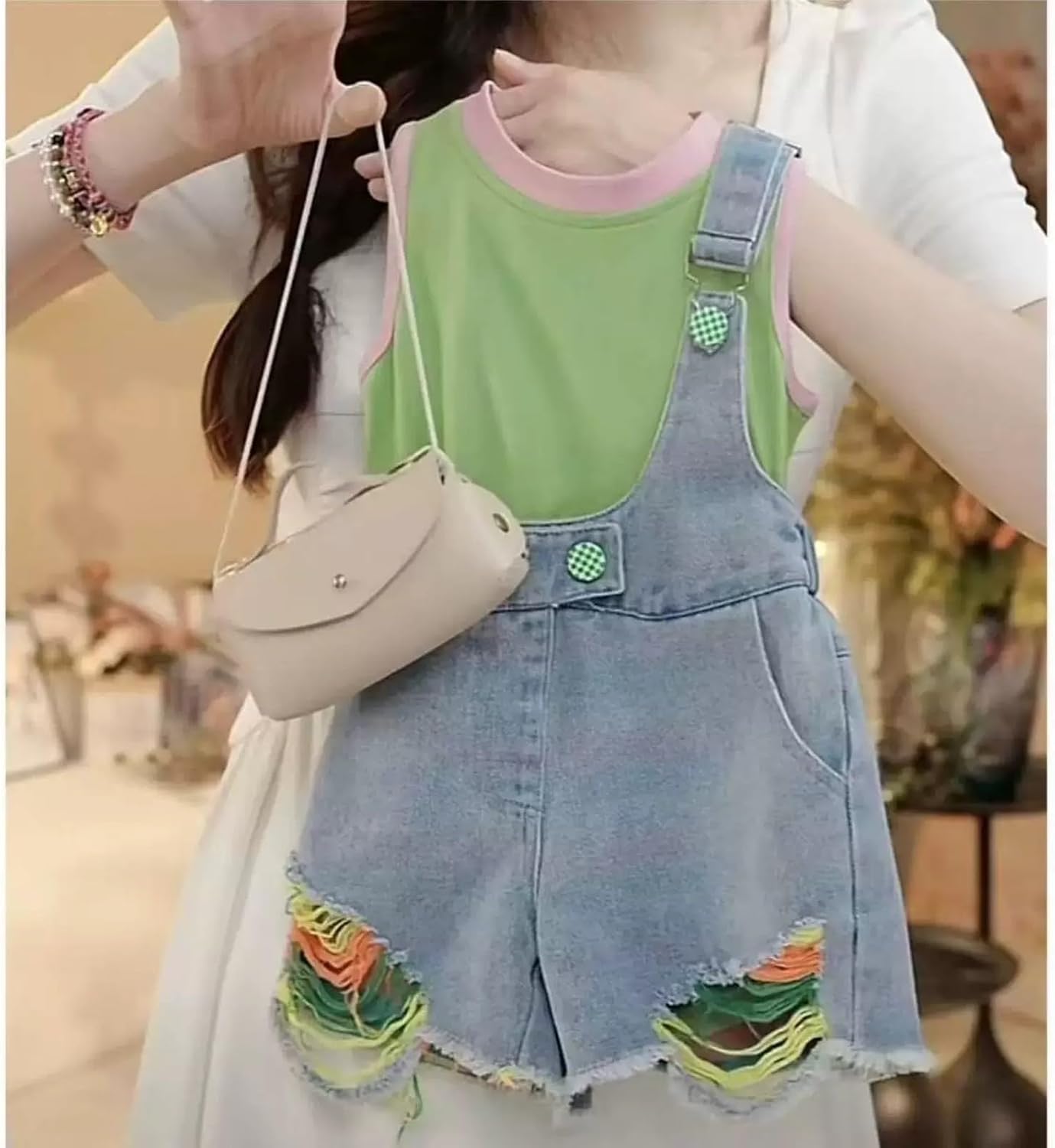 Toddler Girls Ripped Denim Overalls Summer Casual One Shoulder Loose Short Jean Romper Adjustable Strap Stretchy Jeans
