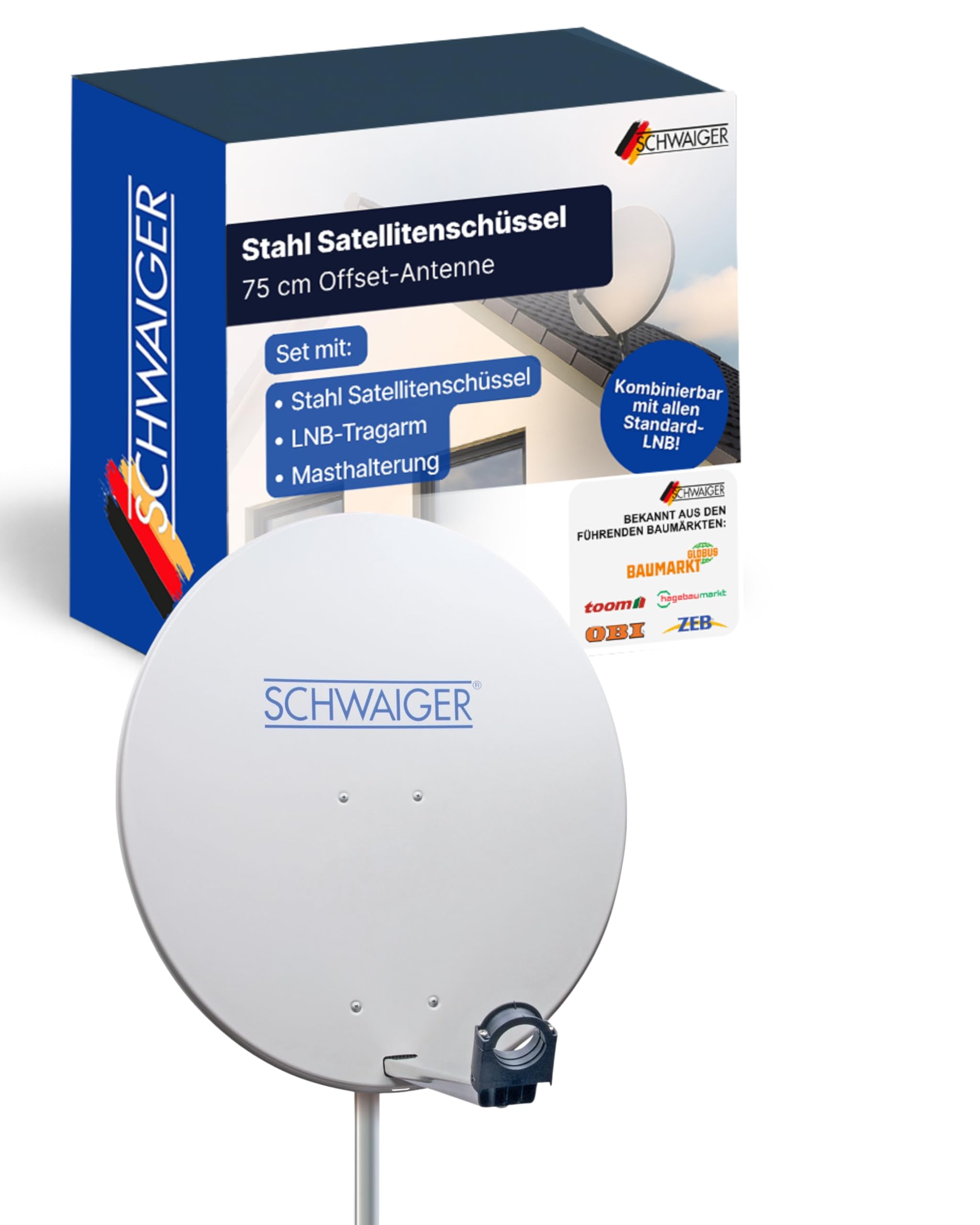 SCHWAIGER Satellitenschüssel 80 cm Stahl Offset Antenne Multifeed wetterfest SAT Schüssel LNB Tragarm Masthalterung 38,5dB