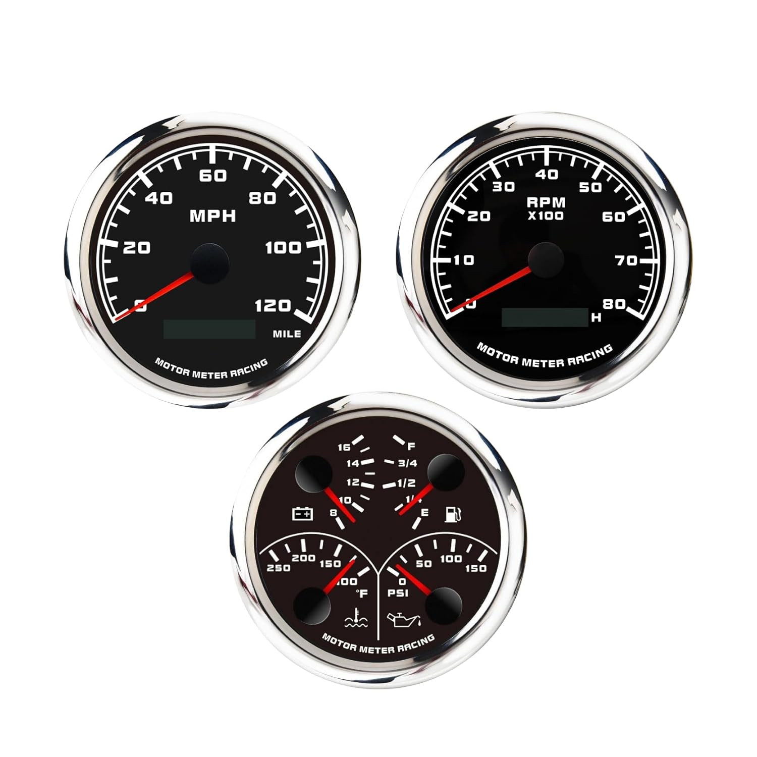 MOTOR METER RACING W PRO Series 3 Gauge Set 110mm 4-3/8" GPS Speedometer, Tachometer & 4 in 1 Multi-Function Volt, Fuel Level, Water Temperature & Oil Pressure Black Dial White LED for Car, Boat