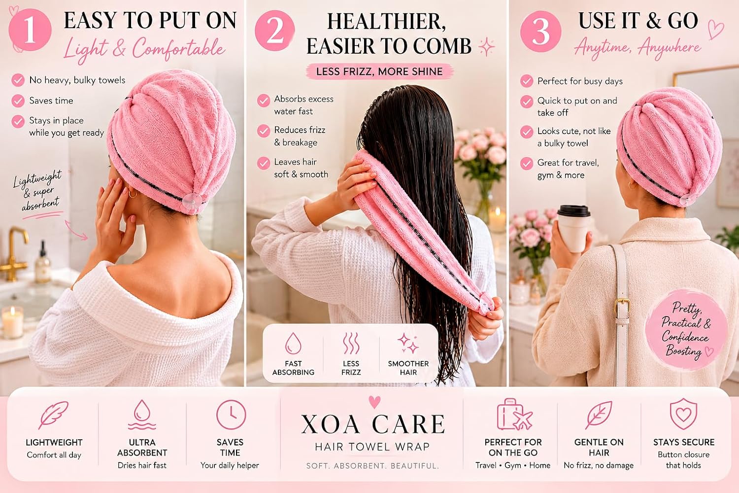 Luxury Microfiber Hair Towel Wrap for Women – Quick Dry, Anti-Frizz, Lightweight, Soft Hair Turban for Wet Hair (Pink)