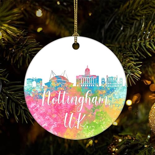 Two-Side Printed United Kingdom-Nottingham Ceramic Christmas Ornament Novelty for Family Friends Kids City View Silhouette Christmas Keepsake Two-Side Printed United Kingdom-Nottingham Ceramic Christmas Ornament Novelty for Family Friends Kids City View Silhouette Christmas Keepsake