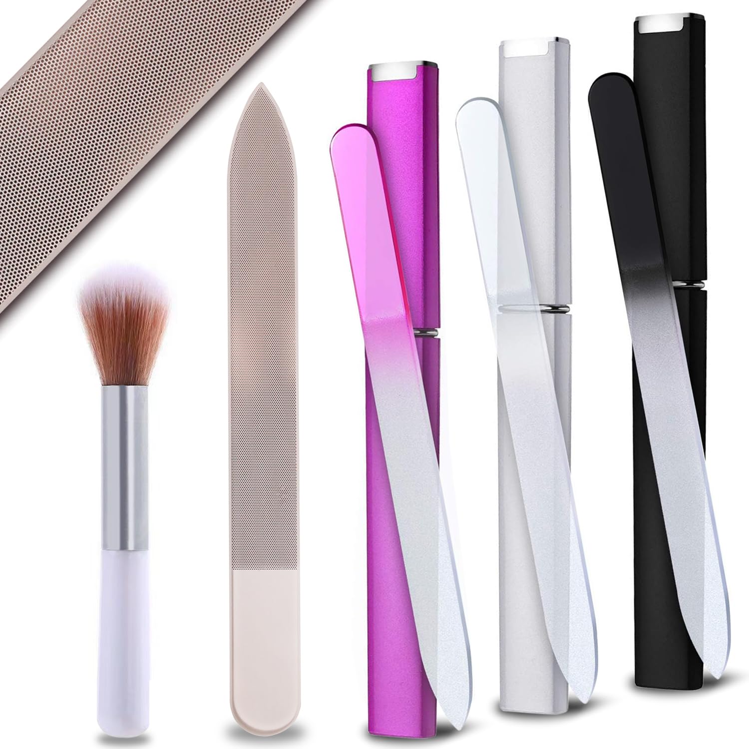 Glass Nail Files for Natural Nails, 3 Pack with Case & Nano Glass Shiner