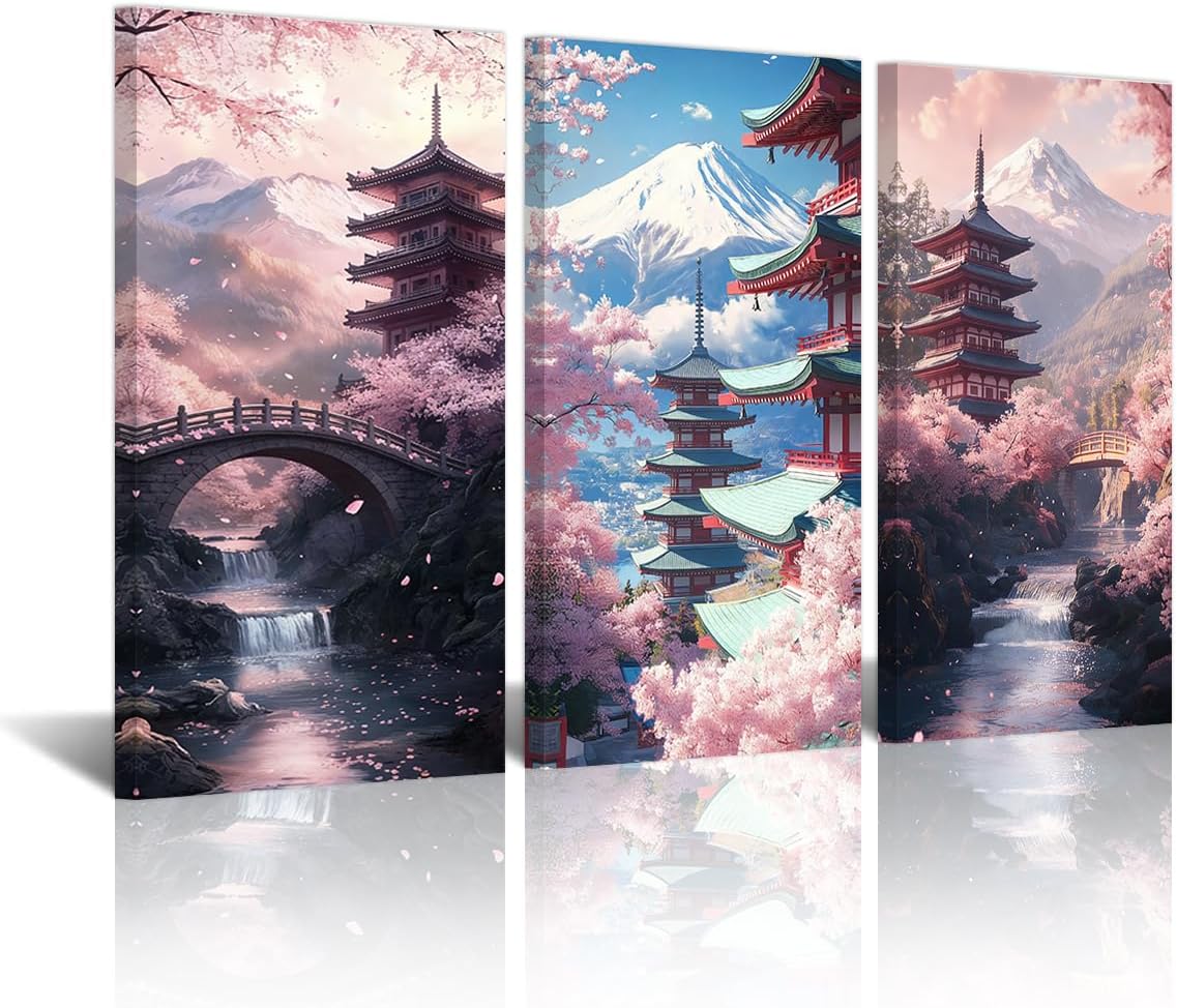 CXHOSTENT 3-Piece Japanese Canvas Picture Set Japanese Landscape Motifs with Pink Cherry Blossoms and Fuji Motif Pagodas Wall Decoration 20 x 40 cm x 3 Pieces