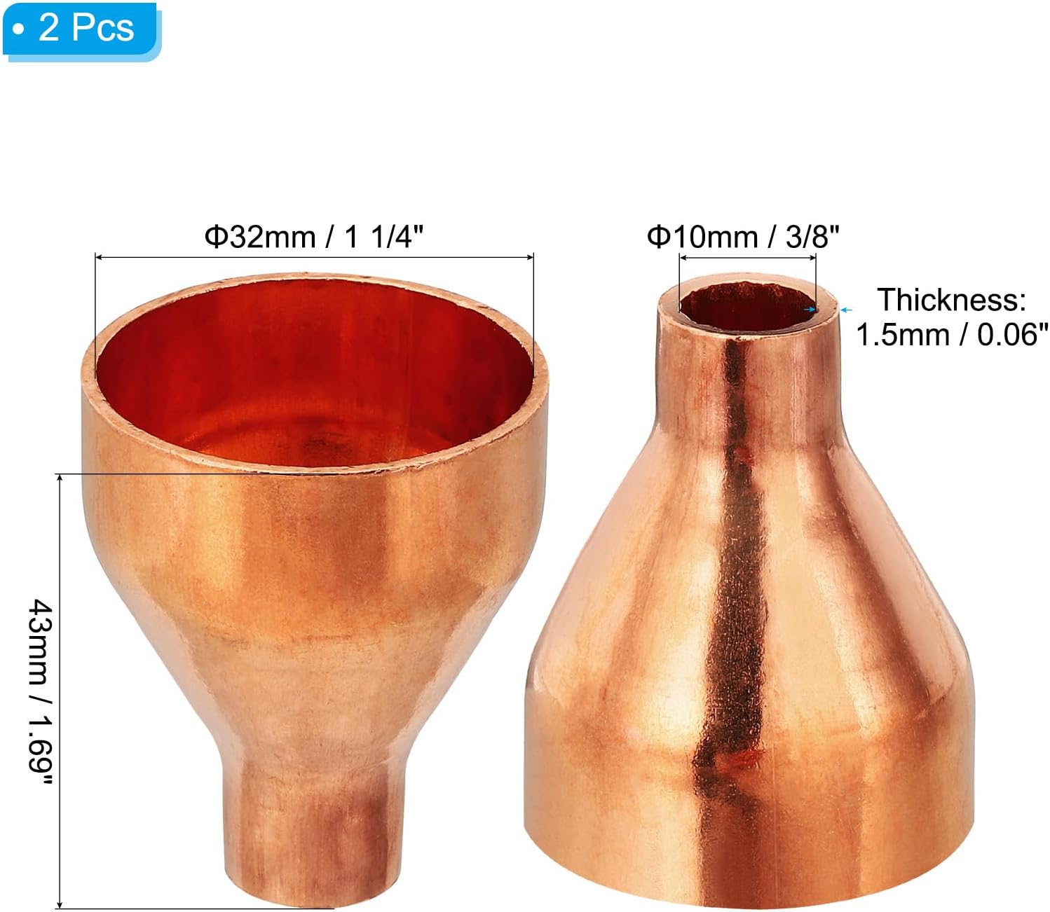 PATIKIL 1 1/4" to 3/8" ID Copper Reducer, 2pcs 99.9% Pure Copper Reducing Coupling Pressure Fitting Pipe Tube Connector Adapter with Sweat Solder Connection for HVAC Refrigeration System
