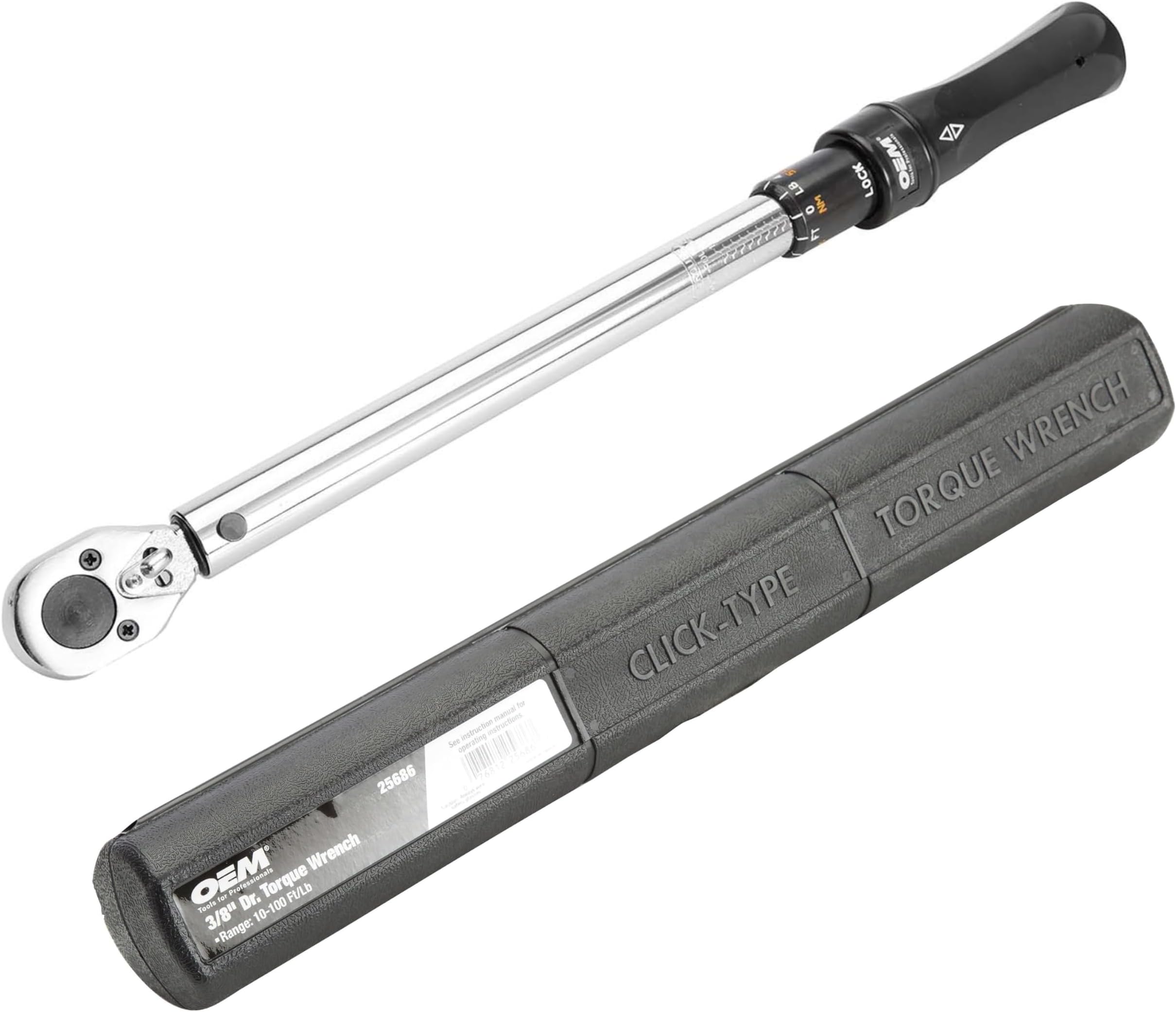 OEMTOOLS 25686 Click Style 3/8 Inch Drive Torque Wrench, 10 – 100 Ft-Lbs. of Torque, Enough Torque for Tire Lug Nuts, High Accuracy, 45 Tooth Ratchet Head, Chrome
