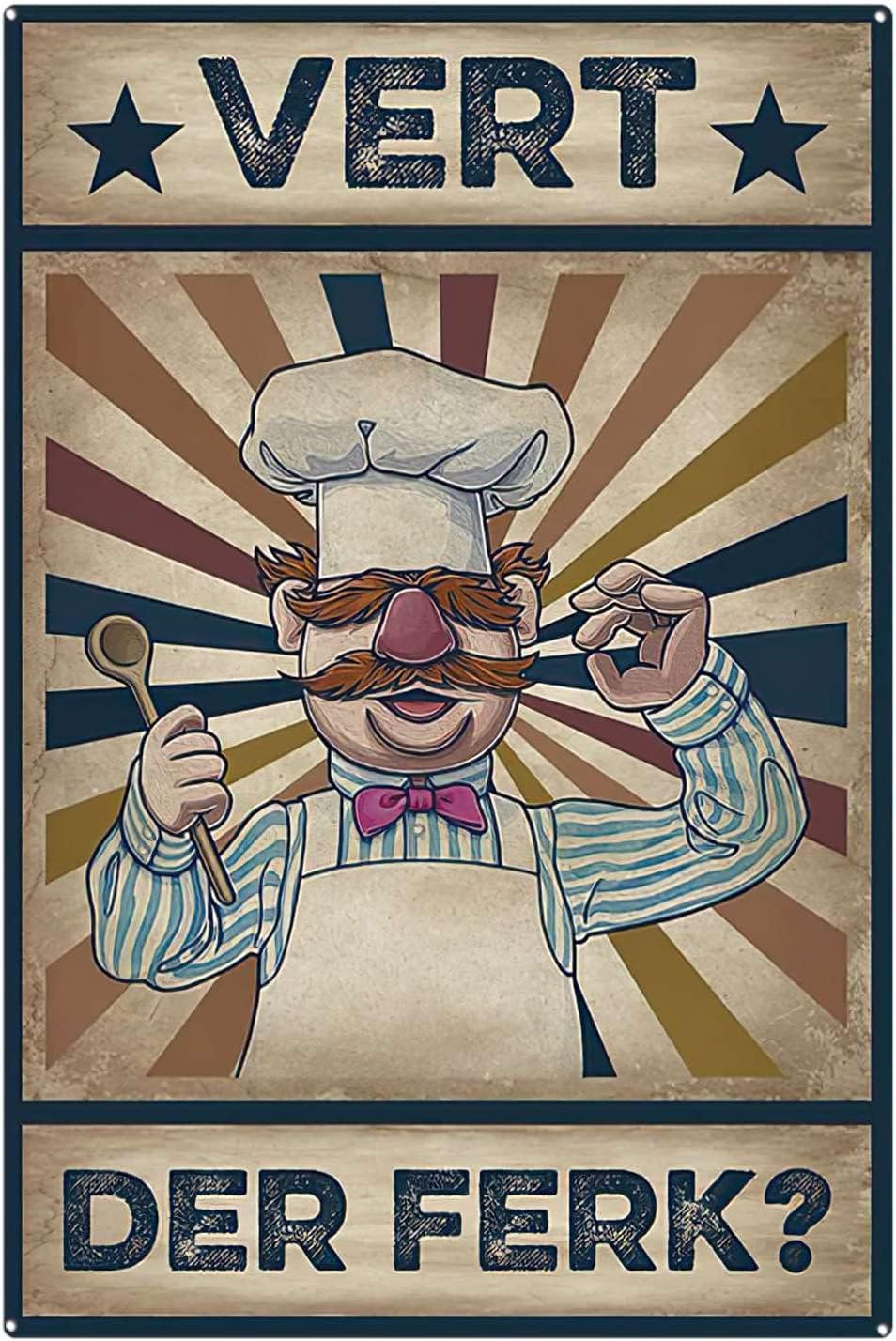 Tin Sign Swedish Chef Vert Der Ferk Signs, Chef Signs Vintage Tin Signs for Home Wall Decor 12x16 Inch