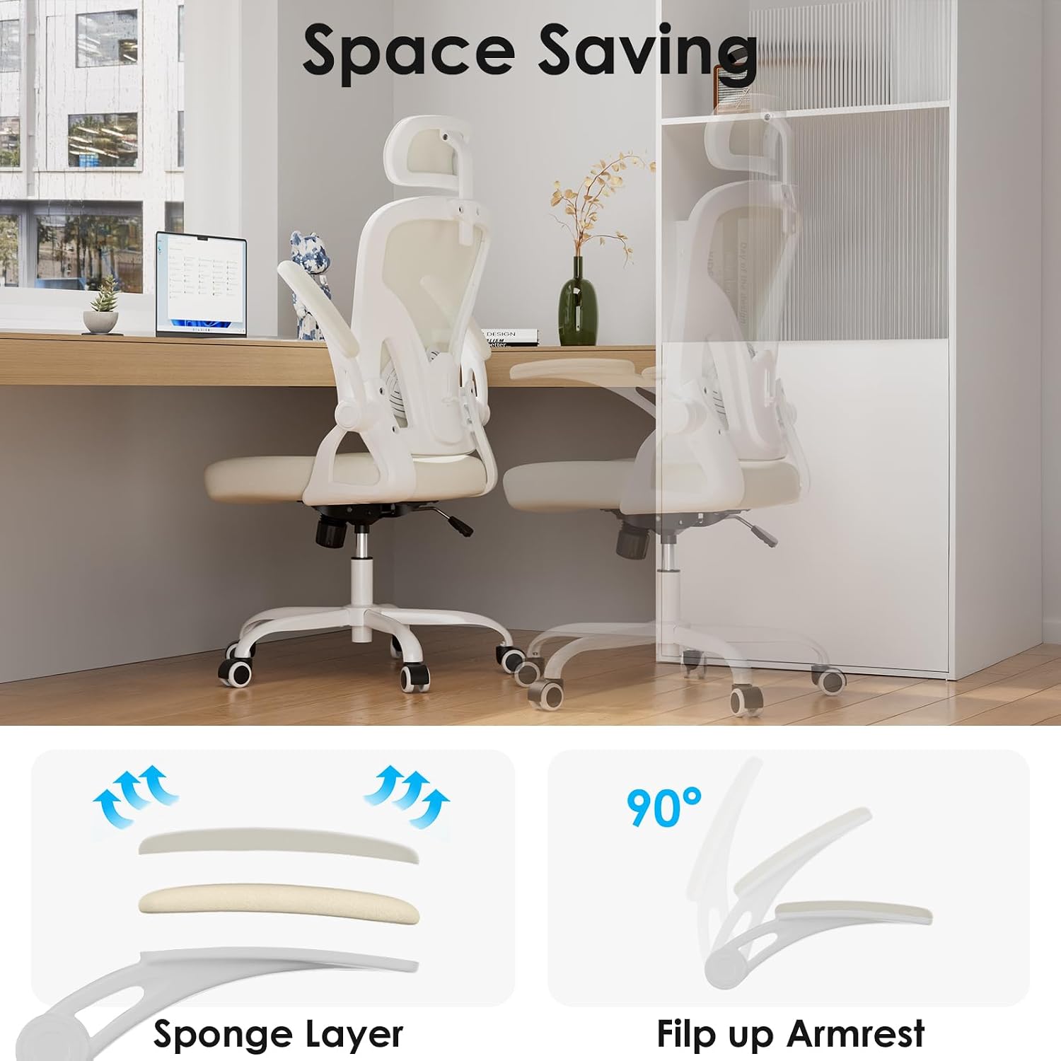 Farini Ergonomic Office Chair, Home Office Desk Chair with Headrest, High Back Swivel Computer Chair with Armrests and Adjustable Lumbar Support for Home Office Study Room, White & Beige