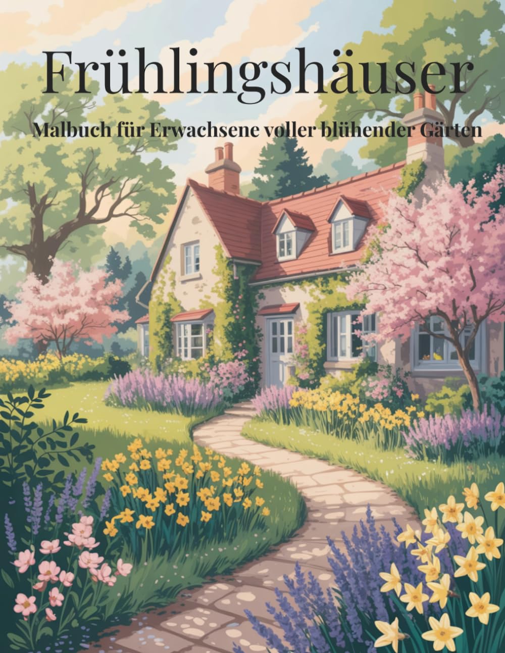 Frühlingshäuser: Malbuch für Erwachsene mit blühenden Gärten