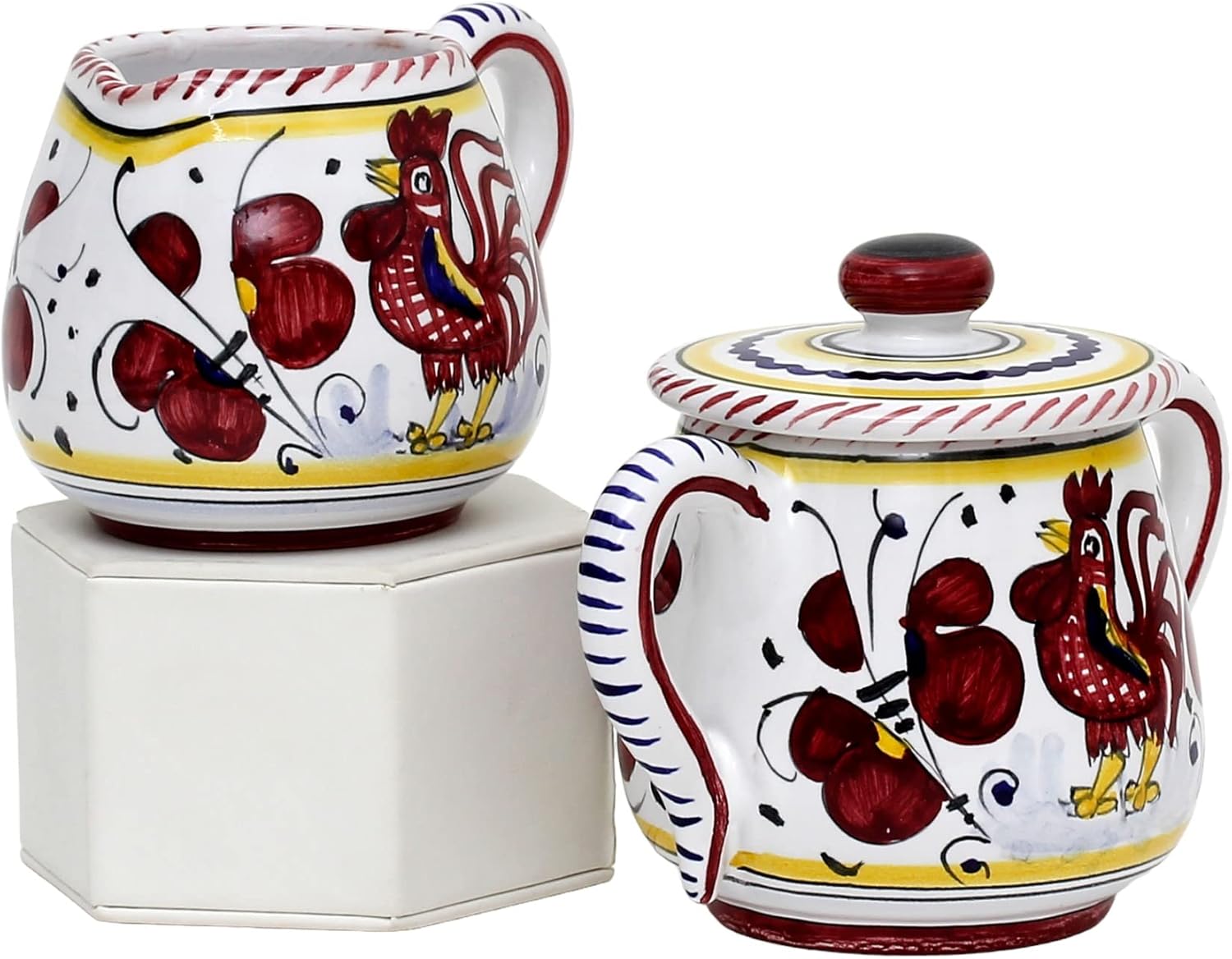 ORVIETO RED ROOSTER: Sugar and Creamer [RR0014] ~ Authentic hand painted in Deruta, Italy. Original design. Shipped from the USA with Certificate of Authenticity.