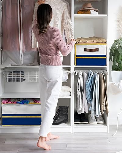 Miniatura 6 de Luxurious Navy Blue Geometric Storage Basket for Organizing Shelves, Collapsible Storage Bins Boxes with Handle, Yellow Modern Line Abstract Art