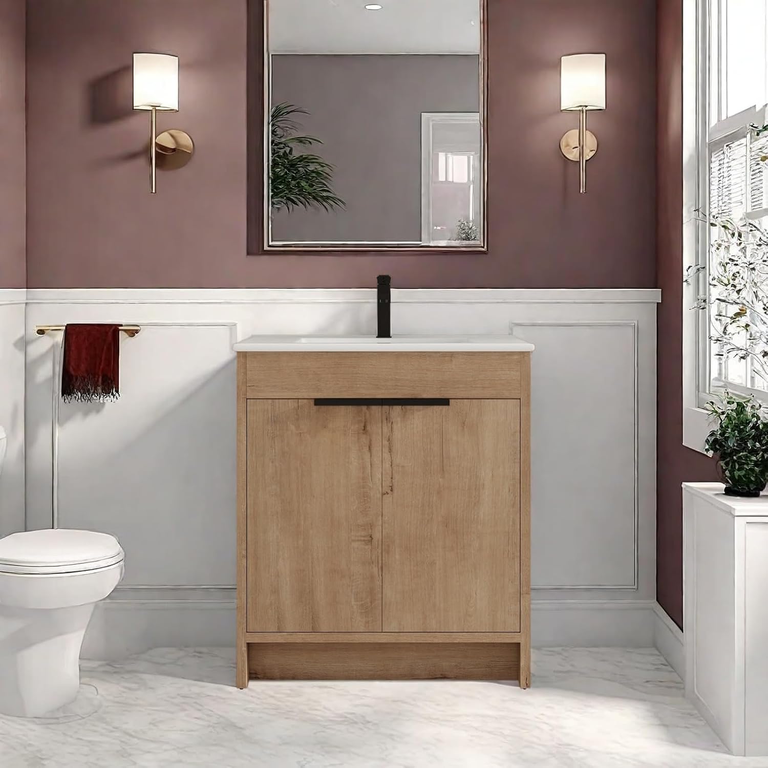 Freestanding Bathroom Vanity, 30" Bathroom Storage Cabinet with White Ceramic Sink & 2 Soft-Close Cabinet Doors, Modern Floor Vanity with Adjustable Shelf & Black Metal Handles, Imitative Oak