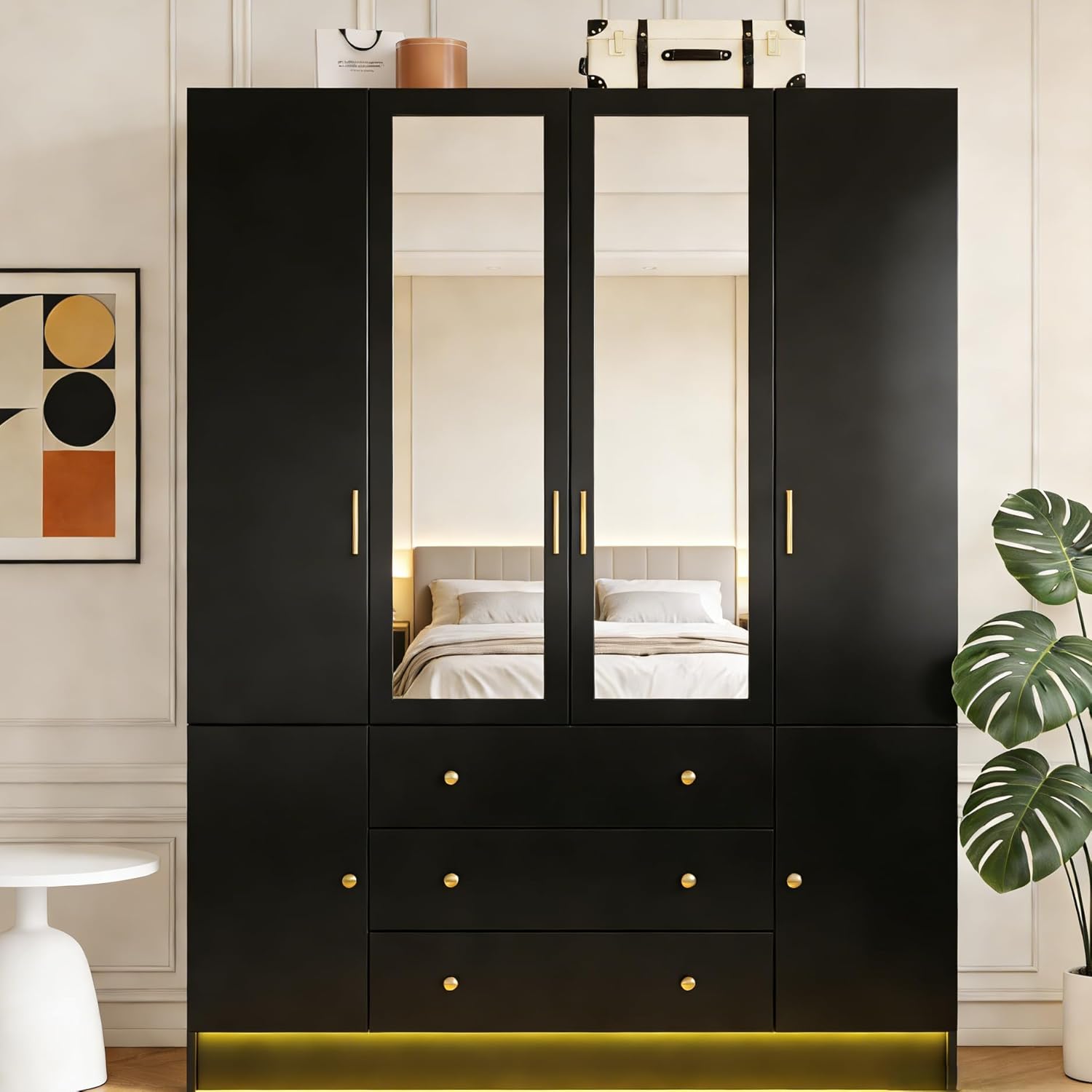 4 Doors Mirrored Wardrobe Armoire Closet with Drawers, LED Armoire Storage Cabinet with Adjustable Shelves & Hanging Rod, 74.8" H Freestanding Clothing Storage Cabinet for Bedroom, Black