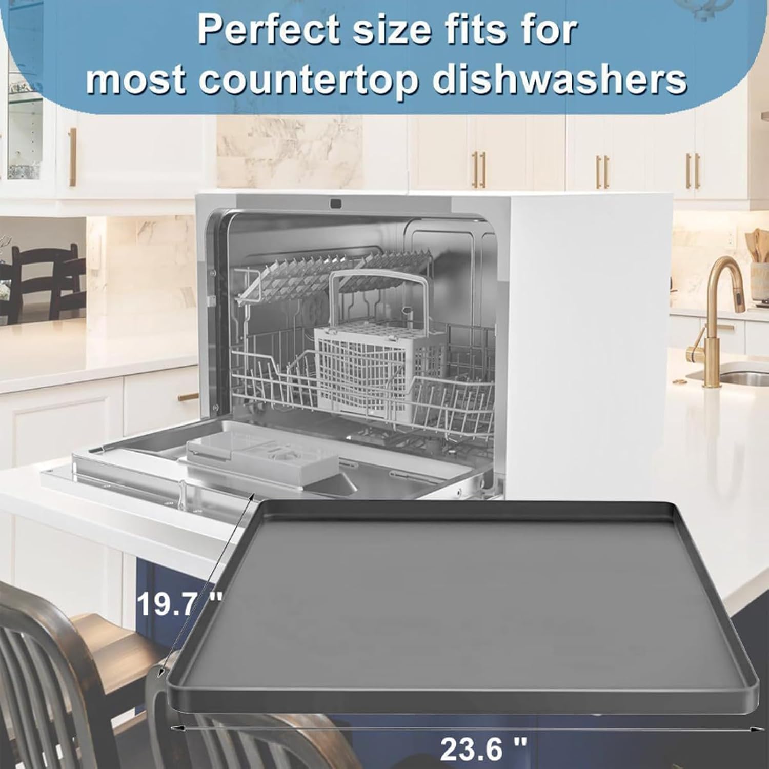 Silicone Dishwasher Drain Pan Mat with Raised Edge, Non-Slip Waterproof Protective Tray for Portable and Countertop Dishwashers, Leak & Vibration Protection for Floors, 23.6"x23.6" (60x50x1.5cm)