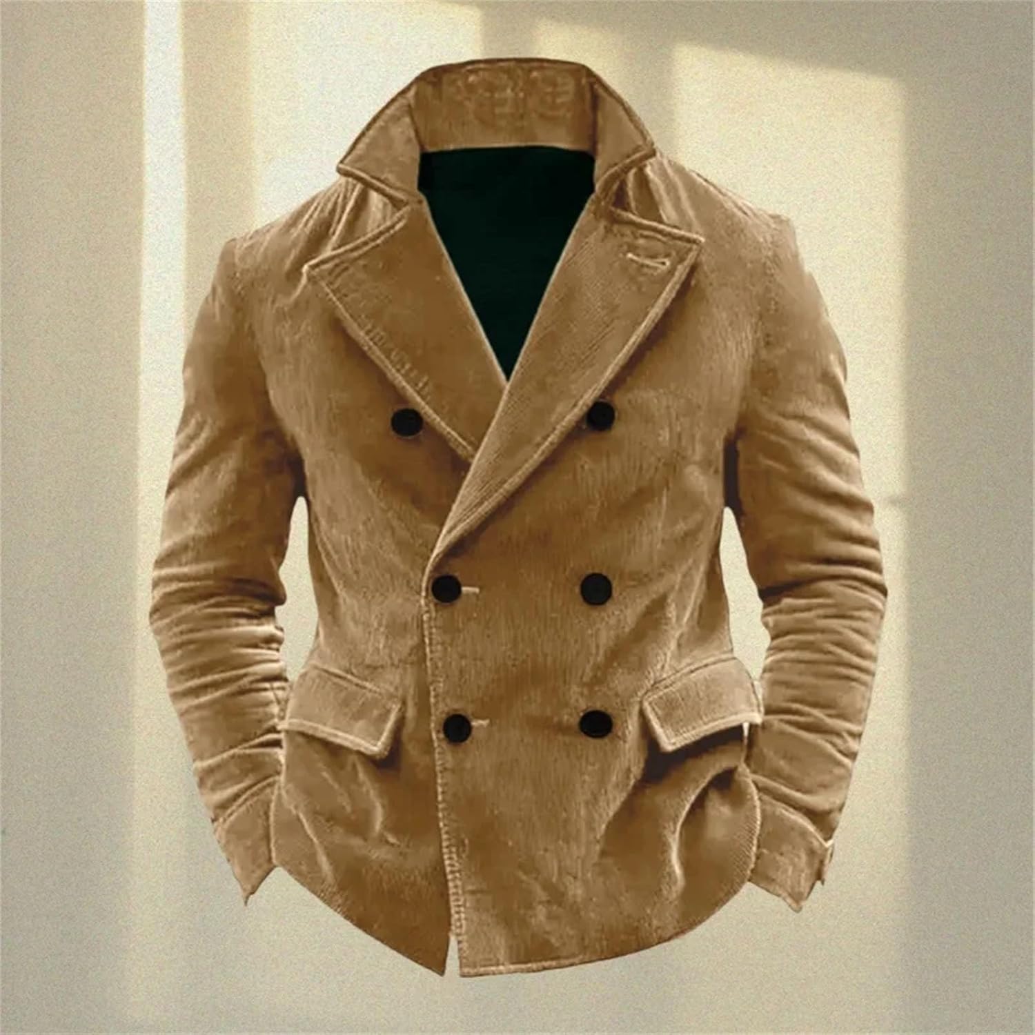 Men's Corduroy Suit Jacket Stand Collar Double-Breasted Business Casual Vintage Wedding Suit