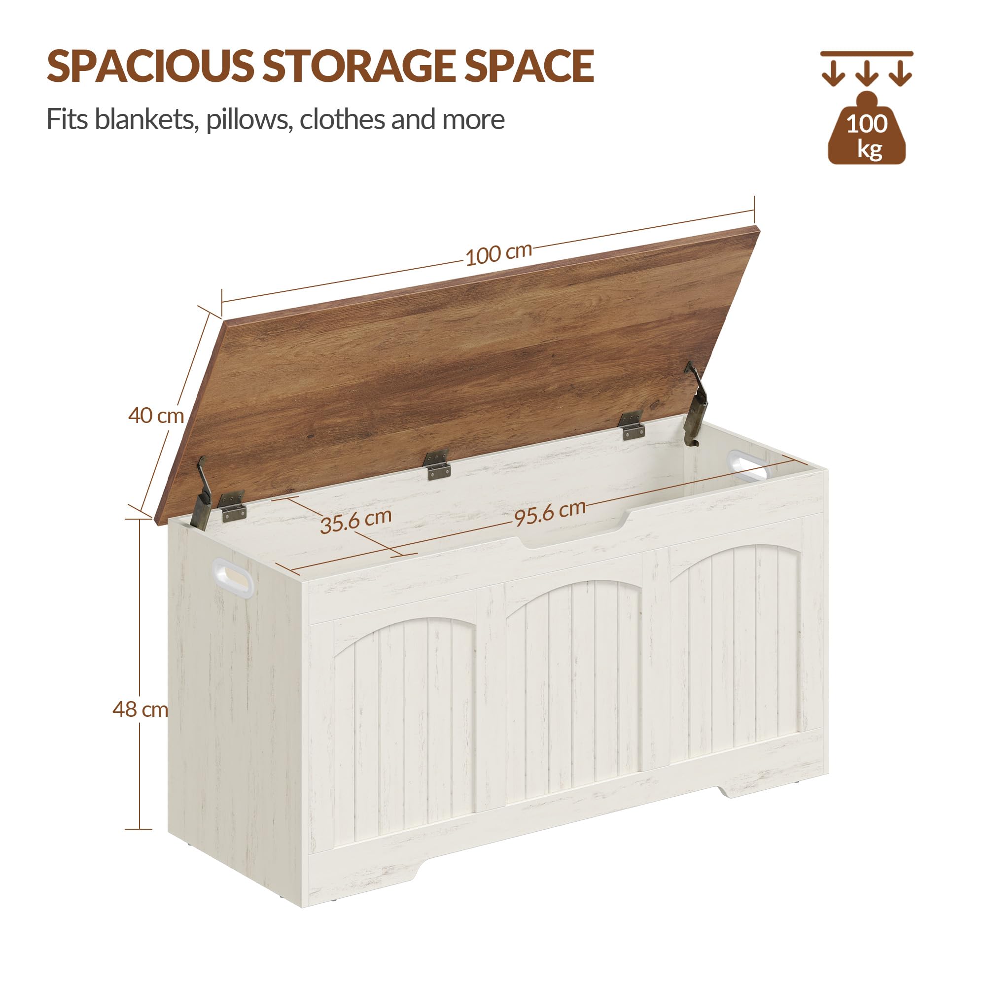 Cassapanca, Cassapanca Contenitore in Legno, Panca Contenitore con Cerniere di Stabilità, per Ingresso, Camera da Letto, Soggiorno, 100 x 40 x 48 Cm, Bianco e Marrone FFXD103PWR1