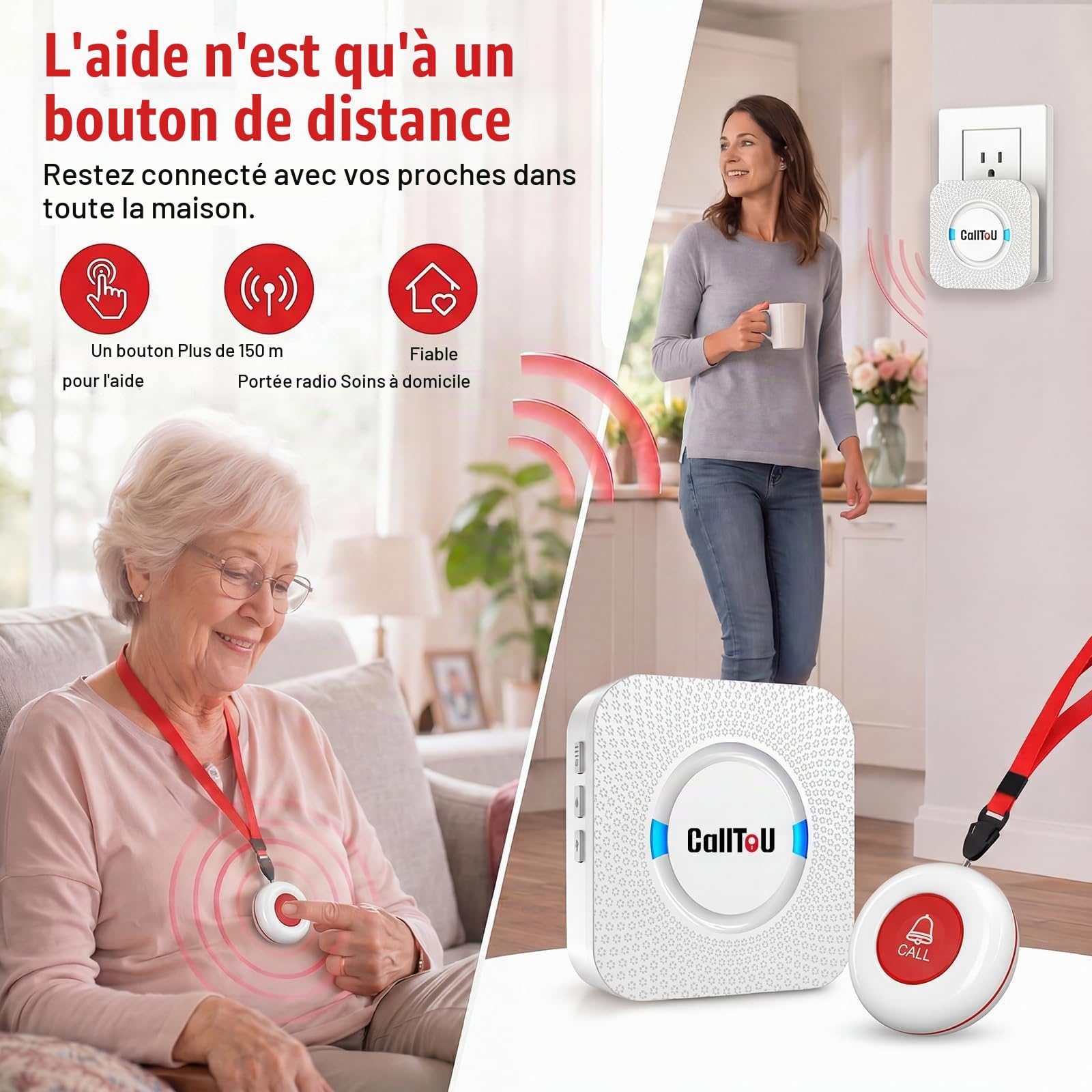 CallToU Bouton d'appel d'urgence Bouton d'appel sans Fil système d'alarme infirmière 500 + Pieds pour la Maison/Personnes âgées/Patients/handicapés (2 émetteurs 2 récepteurs)