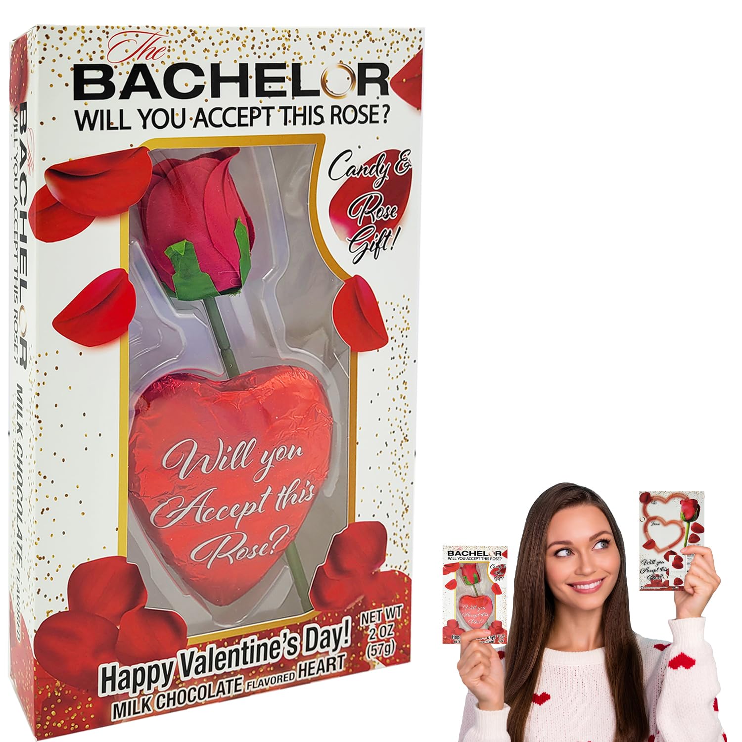 Valentine's Day Bachelor 8-Pack Heart-Shaped Chocolate and Rose Duo, Will You Accept This Rose