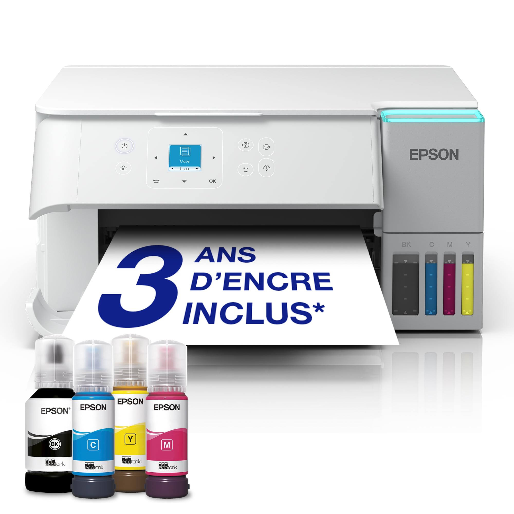 Solution d'impression A4 blanche EcoTank ET-​2956 équipée d'une connexion Wi-​Fi et de réservoirs d'encre AirPrint avec numérisation, copie et impression recto verso et jusqu'à 3 ans d'encre inclus