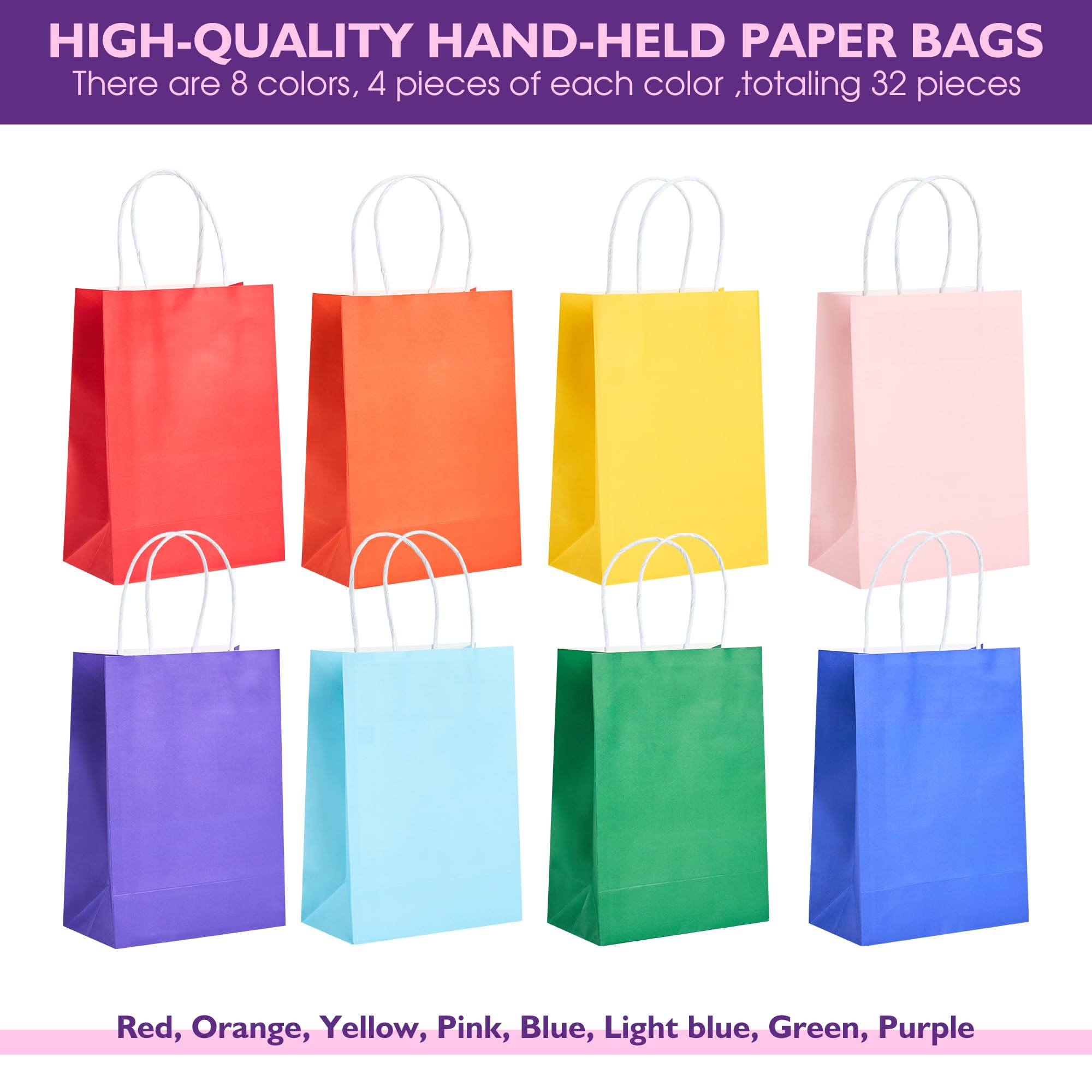 32 Pack Paper Gift Bags with Handles, 5.8"×3.2"×8.25" Party Favor Bags, Gift Bags, Small Gift Bags with Handles, Party Bags, Small Goodie Bags Bulk for Birthday, Crafts, Wedding, Party Supplies (8 Colors)