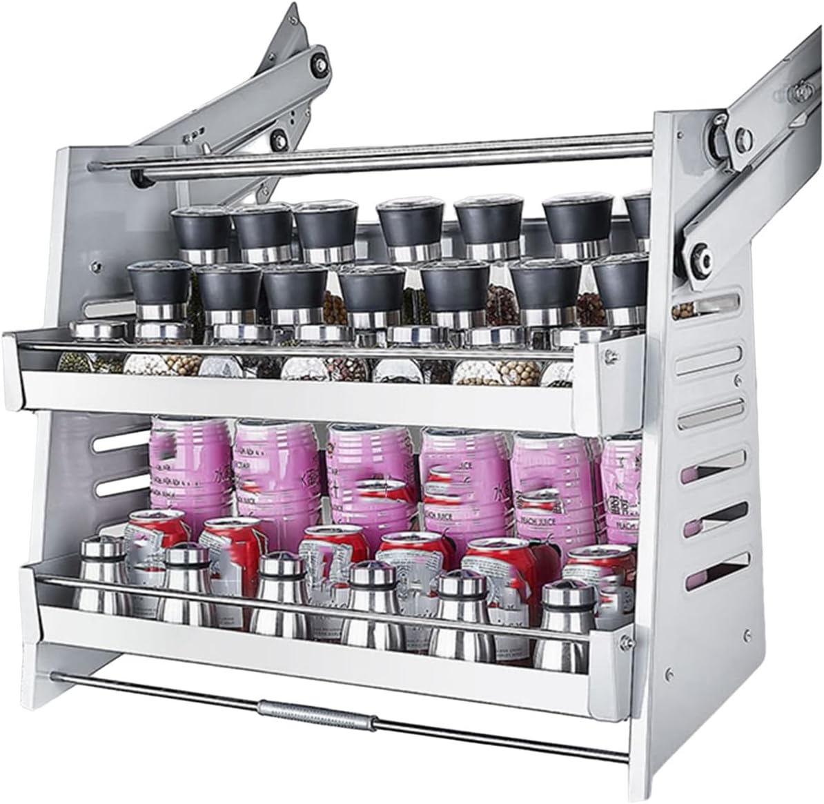 2-Tier Pull Down Cabinet Organizer, Adjustable Kitchen Wall Storage Shelf, Silver Finish for Upper Cabinets (760-770mm) – Maximize Space & Efficiency