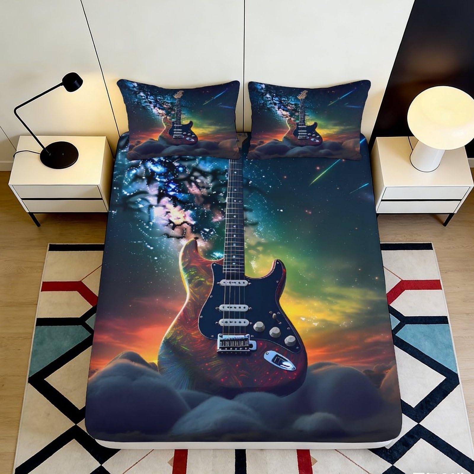 Uynsixtme Style-9 3D Printed Guitar Fitted Sheet Microfiber Deep Pocket Non-Slip Bedroom Bedding Guitar Mattress Fitted Cover Washable Adults Teens 90X200x25cm
