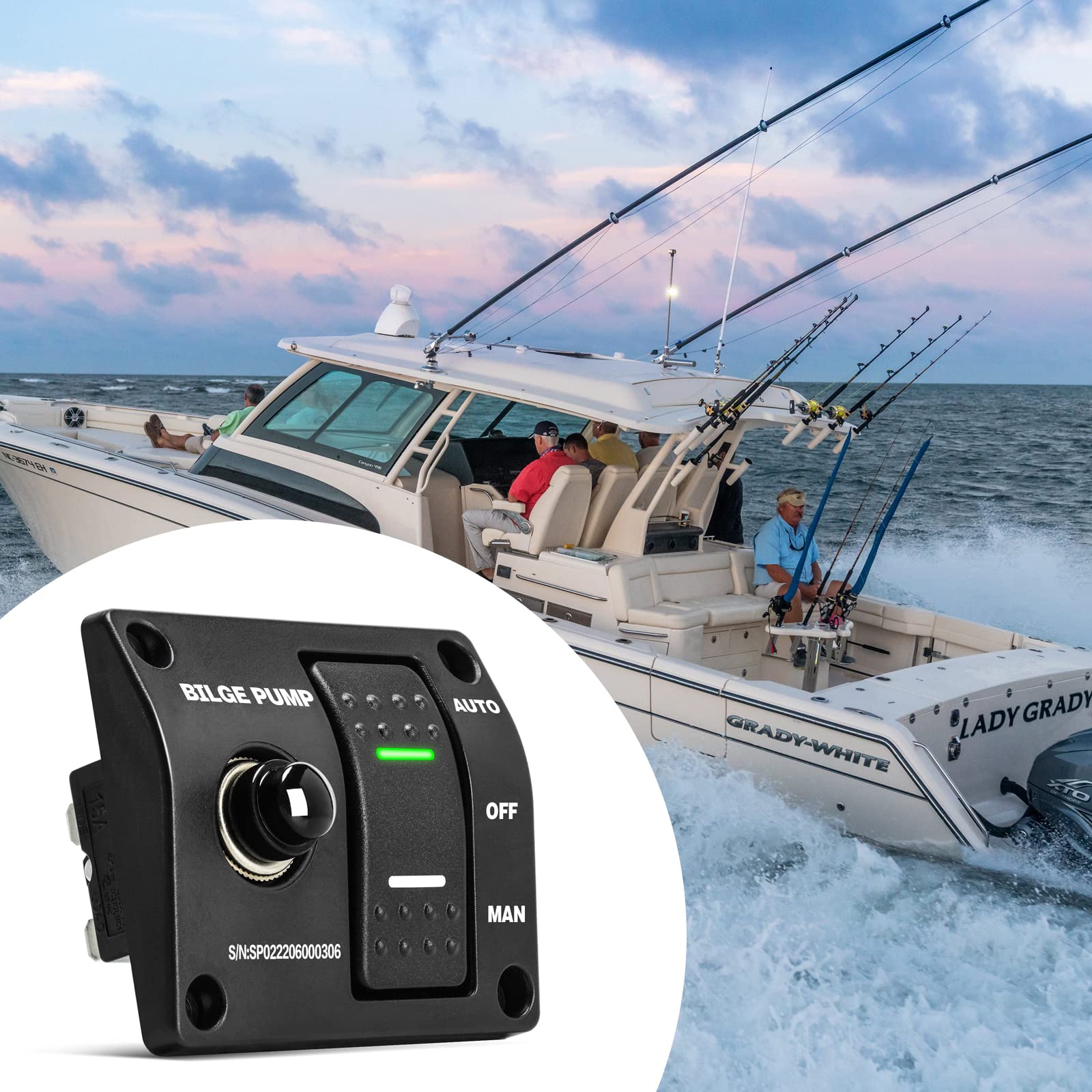3-Way Bilge Pump Switch Panel - Auto/Off/Manual 12V/24V With 15A Circuit Breaker & LED Light