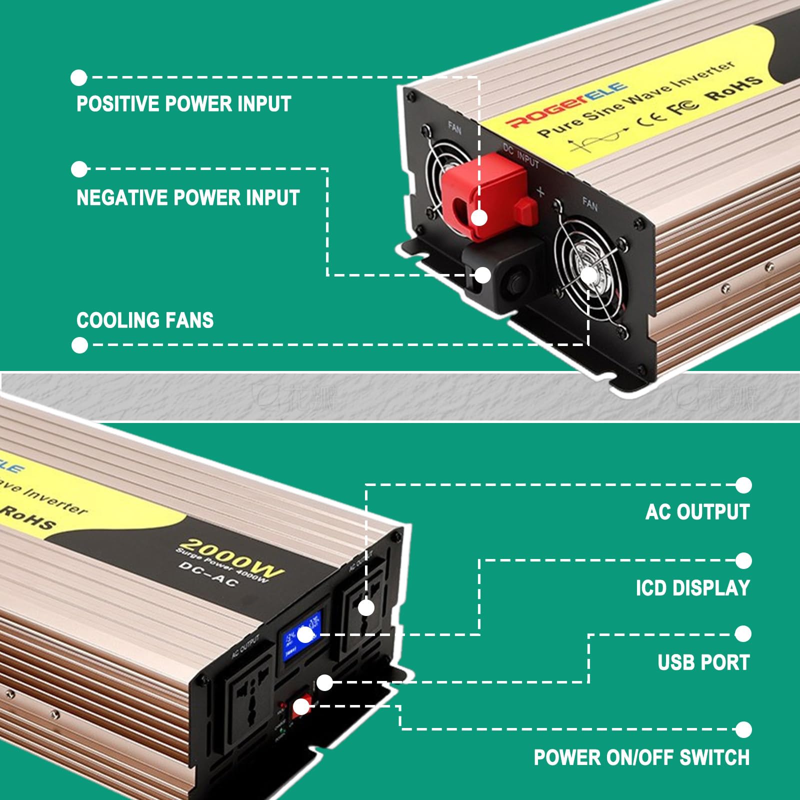 Inversor Solar de Alta Eficiencia, Onda Pura para Caravanas y Camping, Pantalla LCD + Telemetría Remota,1000W-48V
