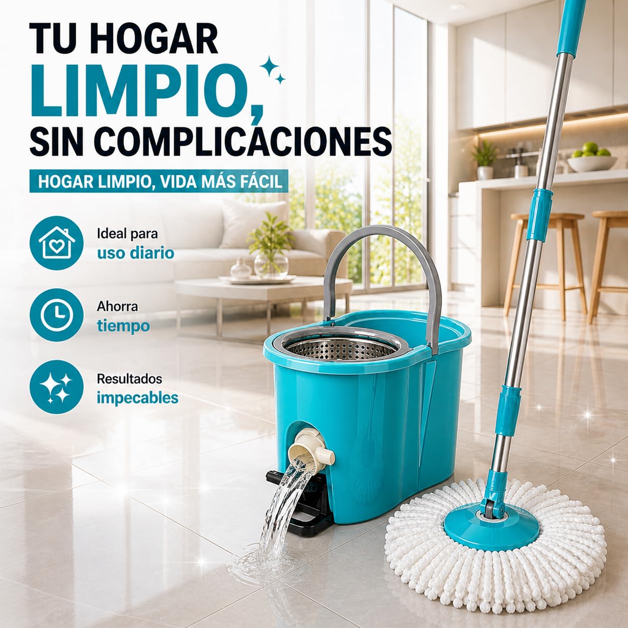 TIENDA EURASIA – Cubo Fregona Centrífugo con Mopa Giratoria 360º | con Escurridor | Mango Extensible | Tapón de Vaciado | Plástico PP y Acero Inoxidable | Azul Turquesa (Pedal - 12L - 25.5x47x23 cm)