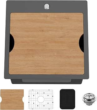 18x18In Black Stainless Steel Kitchen Sink Workstation,Drop-In,Single Bowl | Topmount Sink With Built-in Ledge, Include SS Grid Cutting Board,Silicon Mat And Drain Assembly, For Various Modern Kitchen