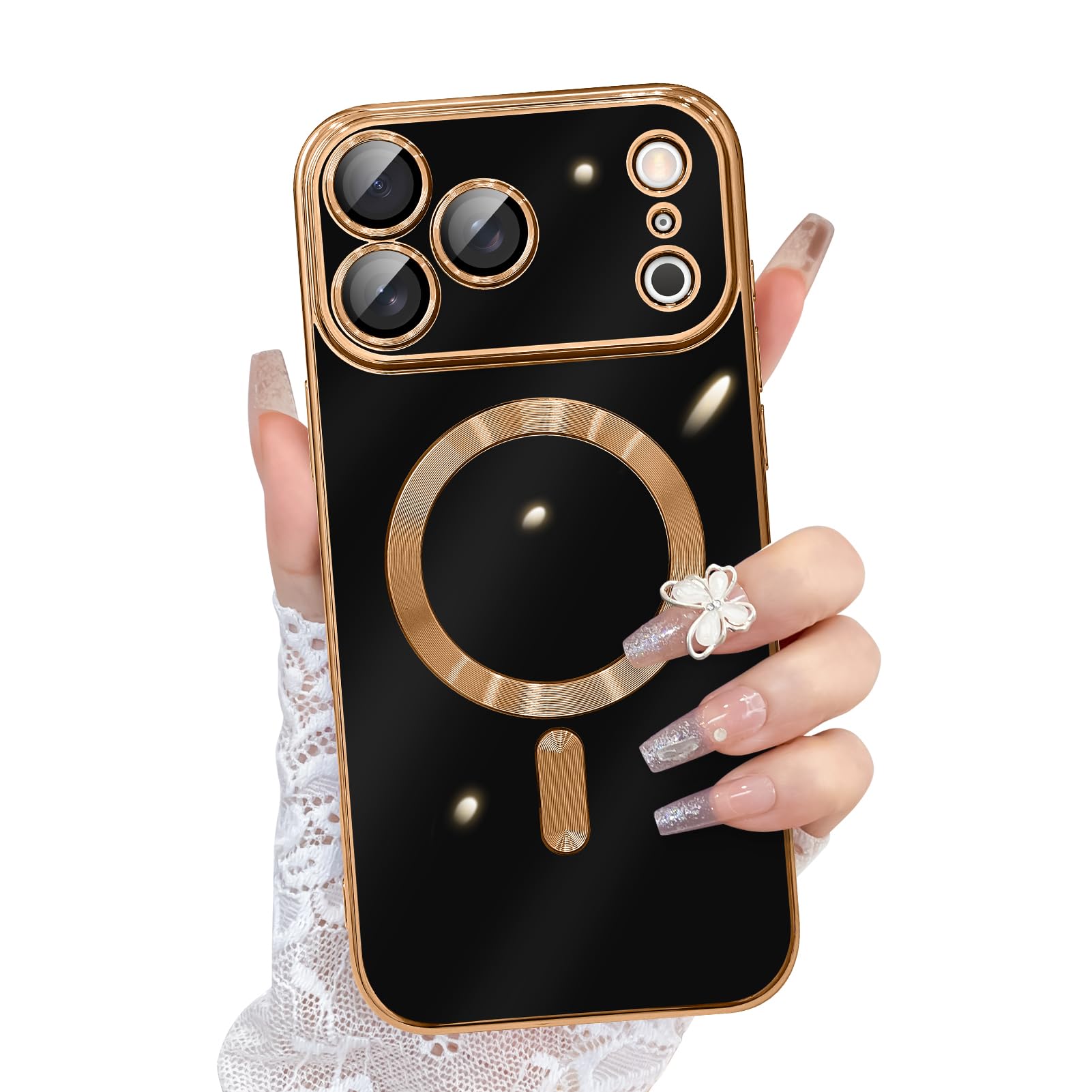 ook case for iphone 17 pro max with camera lens protector [compatible with magsafe] luxury plating edge soft tpu shockproof protective magnetic cover - black