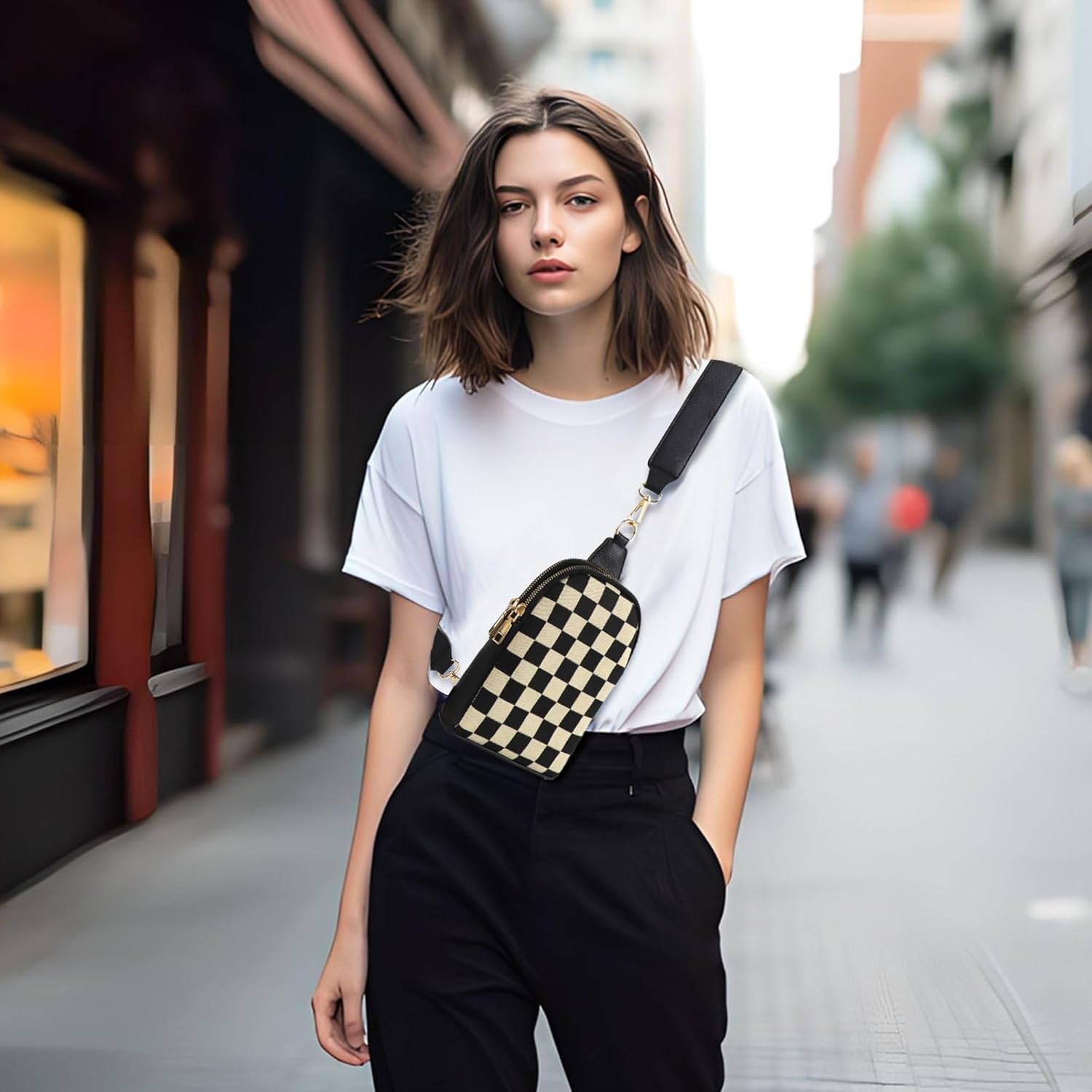 Sling Bag Crossbody Bags For Women Plaid Striped Fanny Packs Chest Bag for Work Shopping