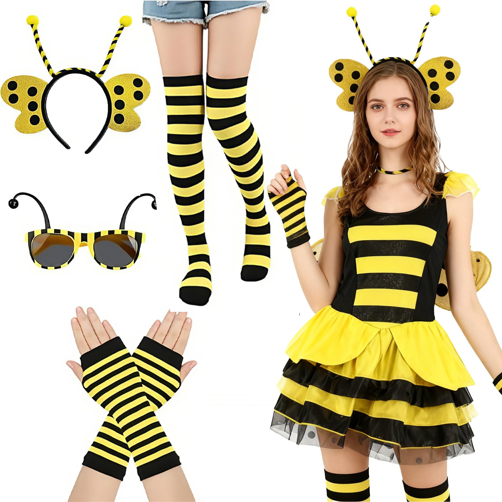 Disfraz de Abeja para Adultos – Set Completo con Diadema de Abeja, Gafas de Sol con Antenas, Guantes sin Dedos y Medias a Rayas – Ideal para Fiestas Temáticas, Carnaval y Halloween