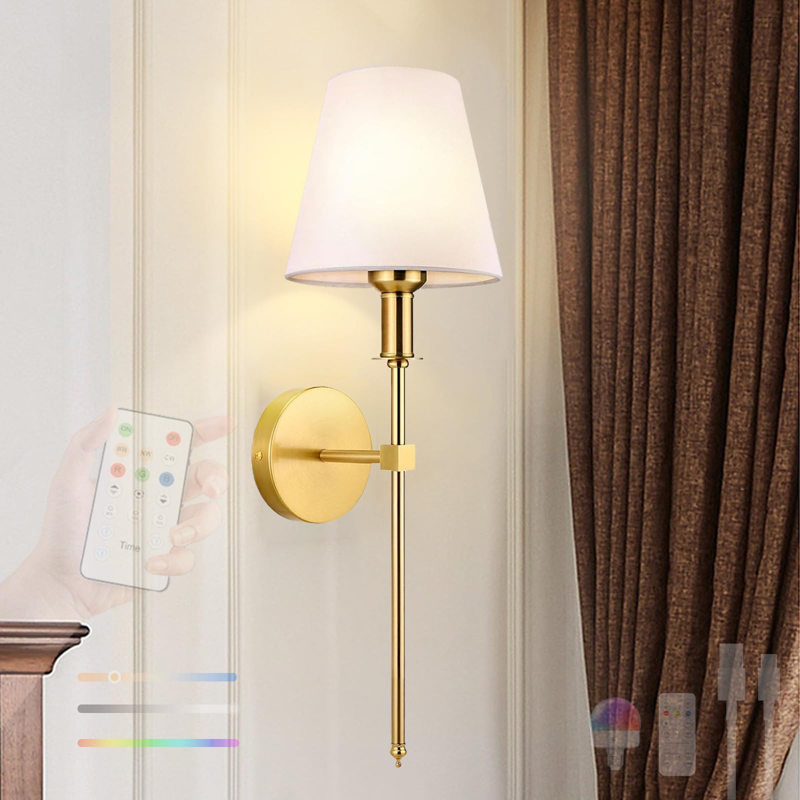 LED Apliques de Pared Interior con Mando Distancia Regulable RGB Lámpara de Pared Recargables USB Iluminación de Pared con Pantalla de Tela para Dormitorio Salón Pasillo (Círculo Dorado,1 Pieza)