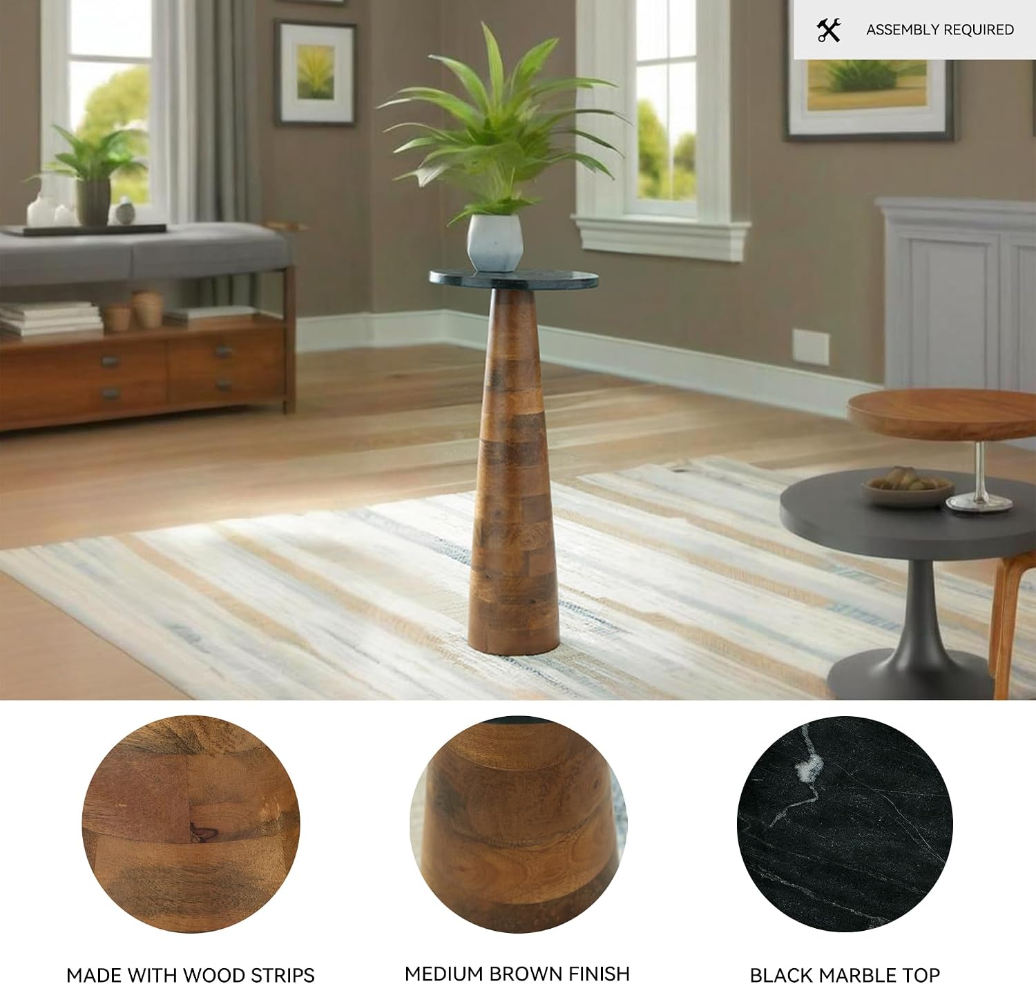 Signature Design by Ashley Marble Accent End Table, Quinndon | Genuine black marble top, Medium brown wood strips, Compact side table, Living room lounge use
